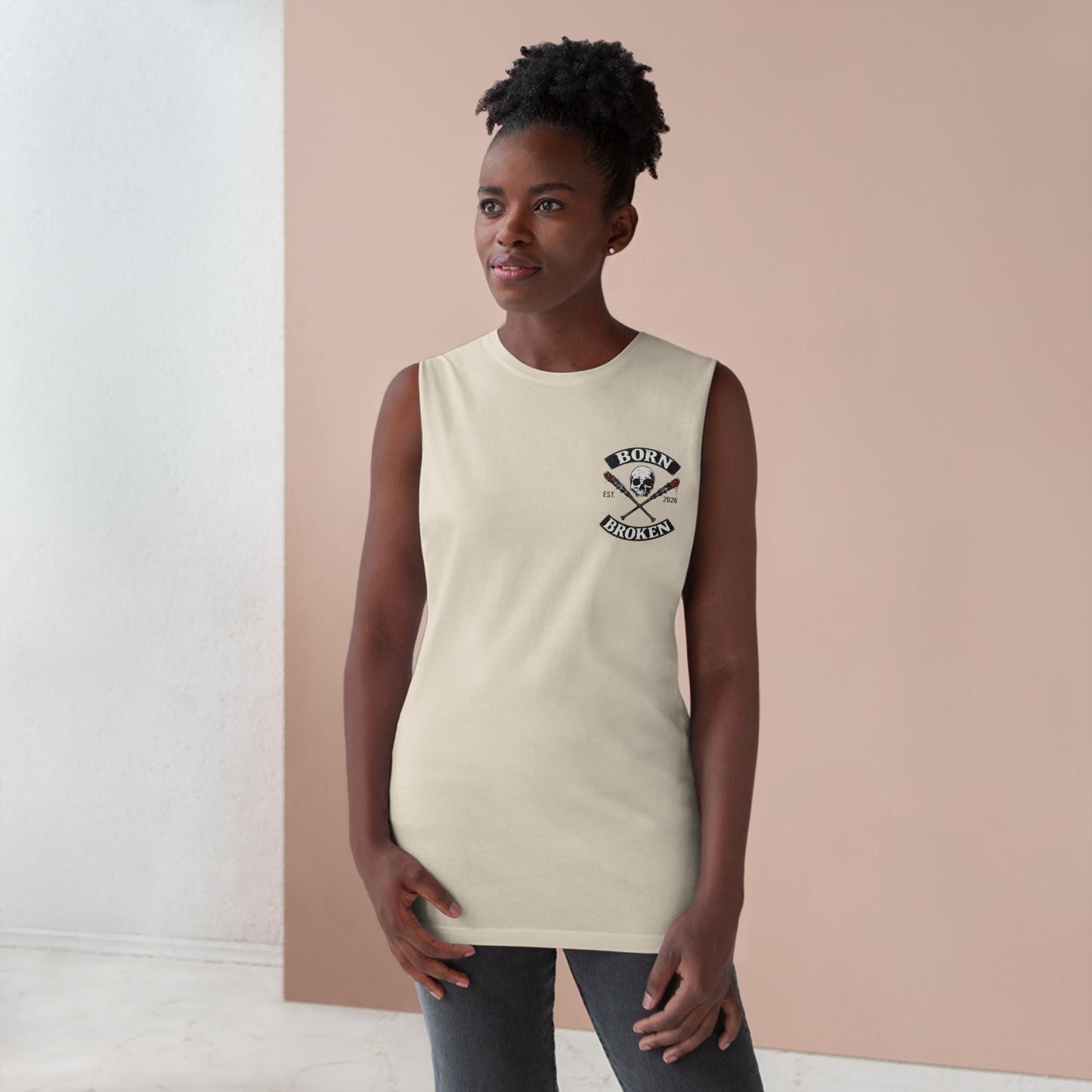 Born Broken Skull Tank Top — Edgy Skull & Crossed Bats Graphic Muscle Tank