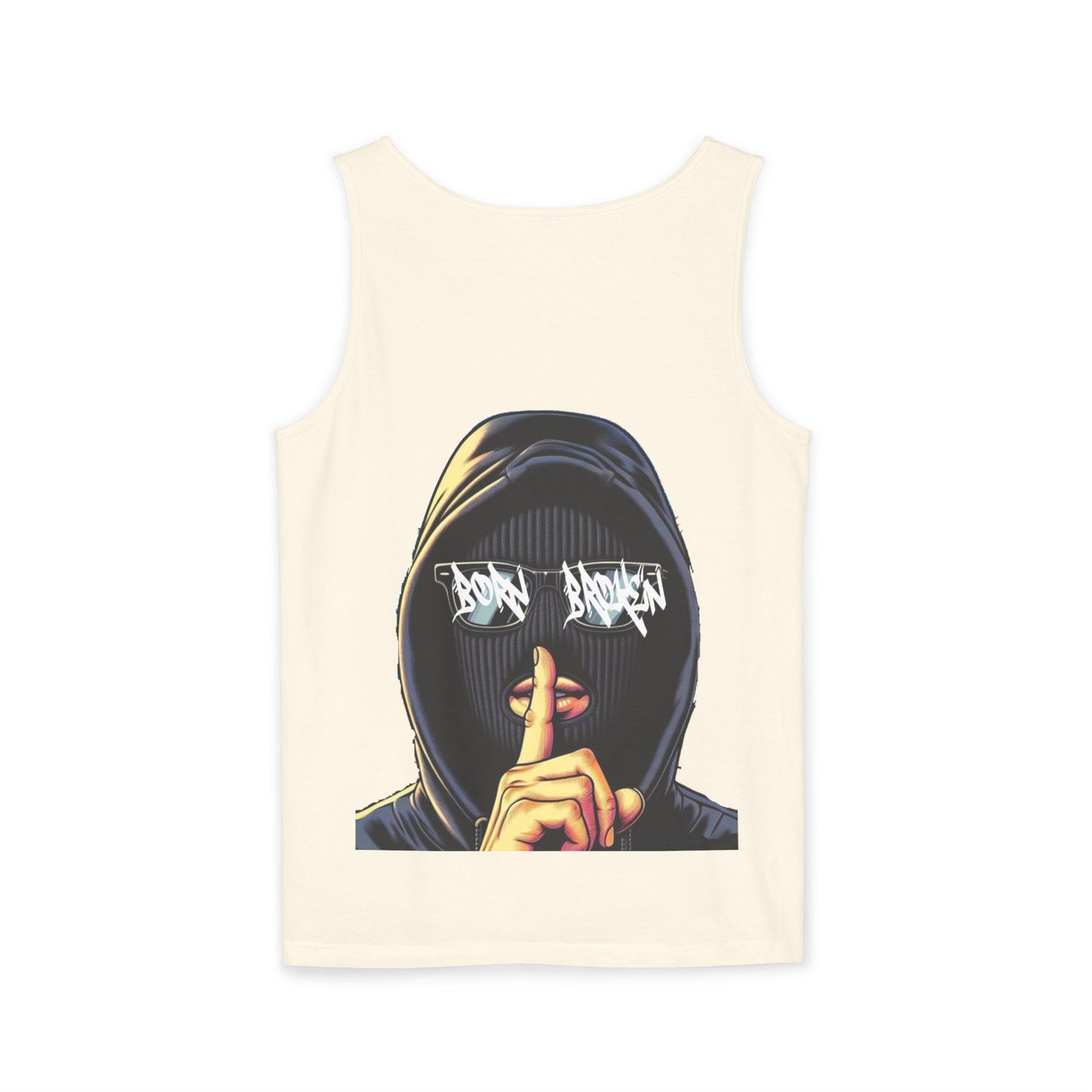 Tank Top — 'Born Broken' Hooded Mask Graphic Sleeveless Tee