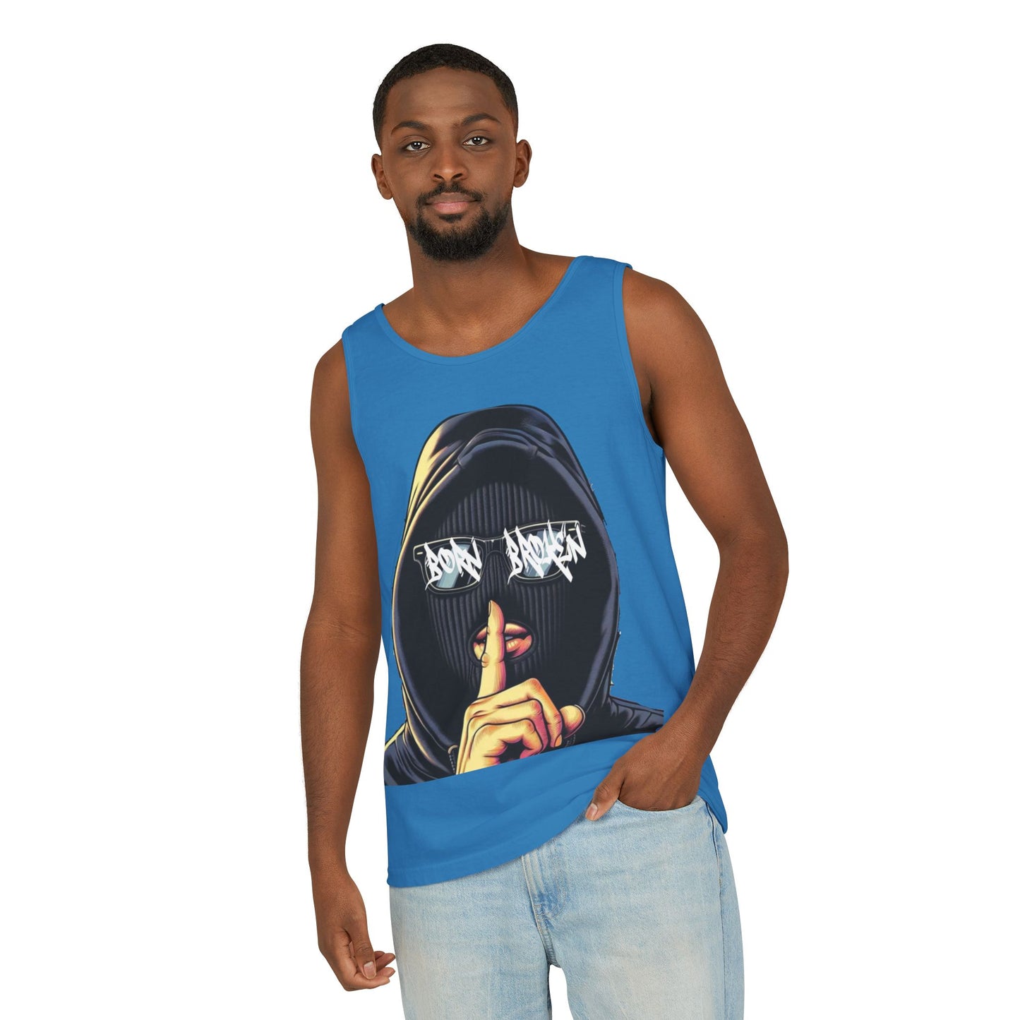 Tank Top — 'Born Broken' Hooded Mask Graphic Sleeveless Tee