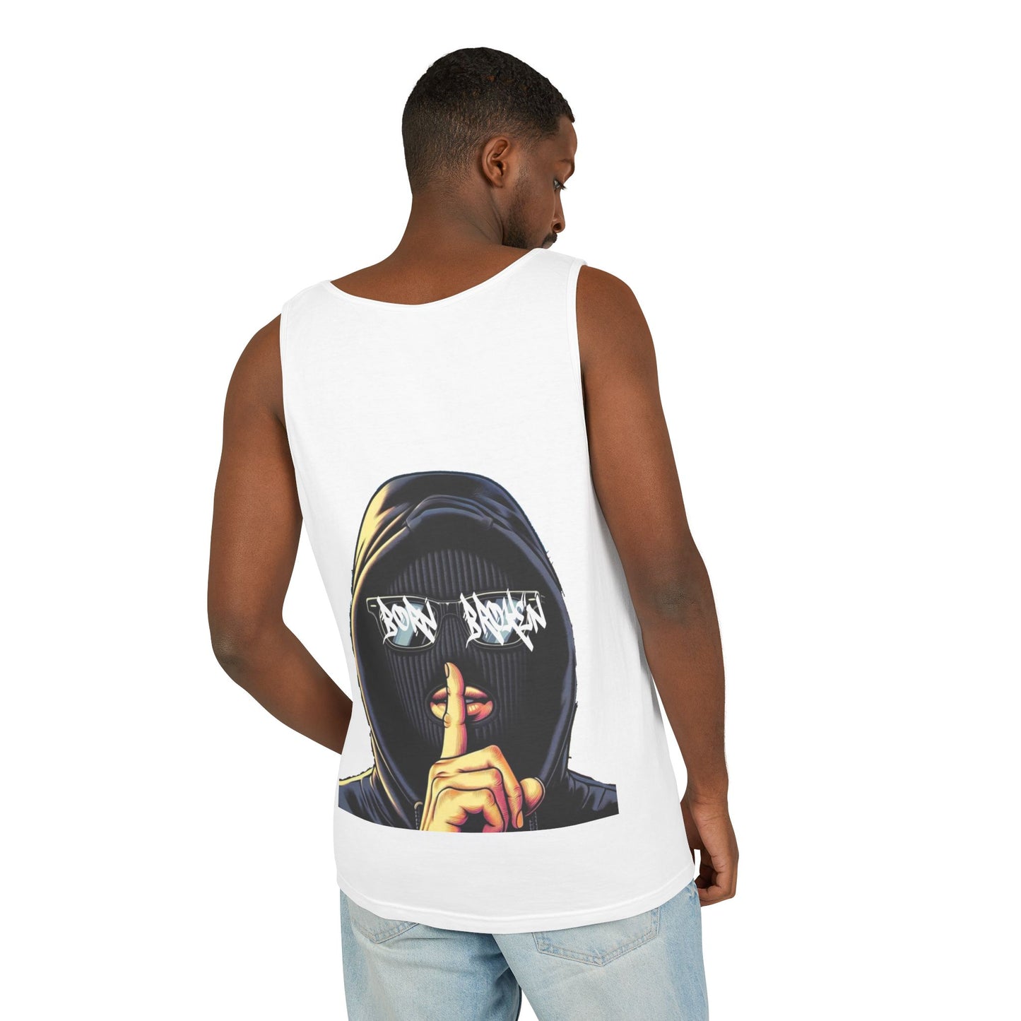 Tank Top — 'Born Broken' Hooded Mask Graphic Sleeveless Tee