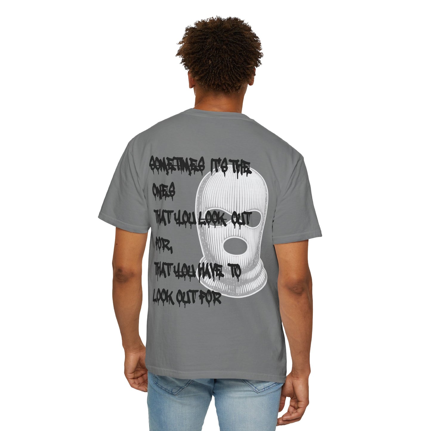 T-Shirt — 'Born Broken' Graphic Tee with Balaclava Back Quote