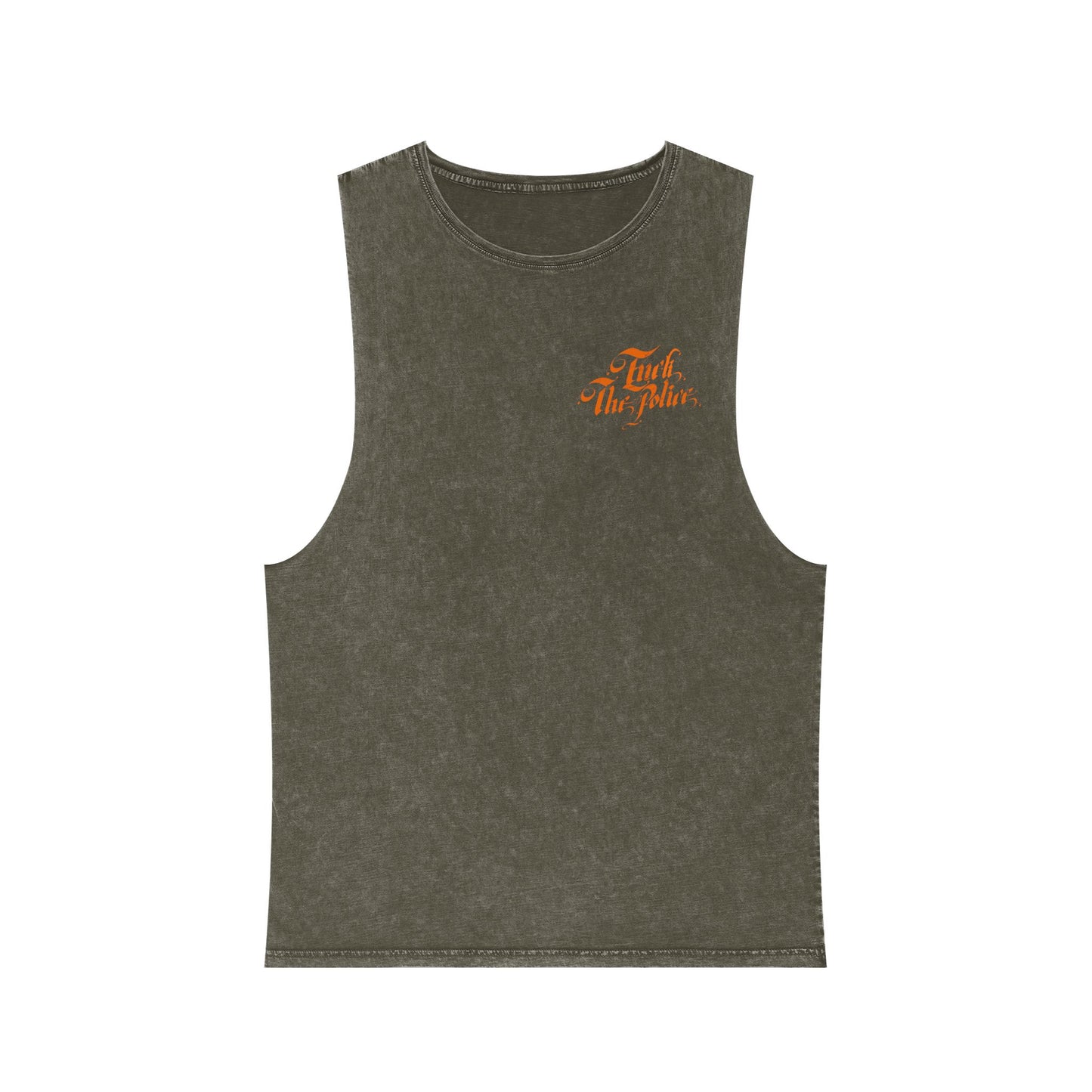 Stonewash Tank Top — 'Fuck The Police' Orange Script Graphic