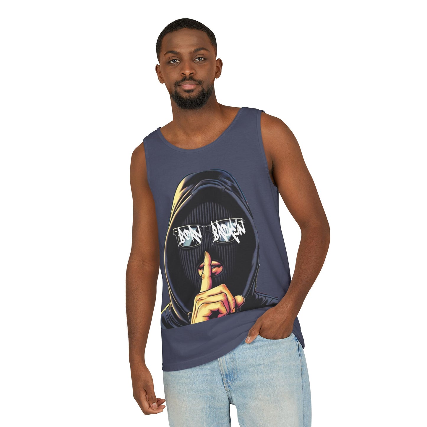 Tank Top — 'Born Broken' Hooded Mask Graphic Sleeveless Tee
