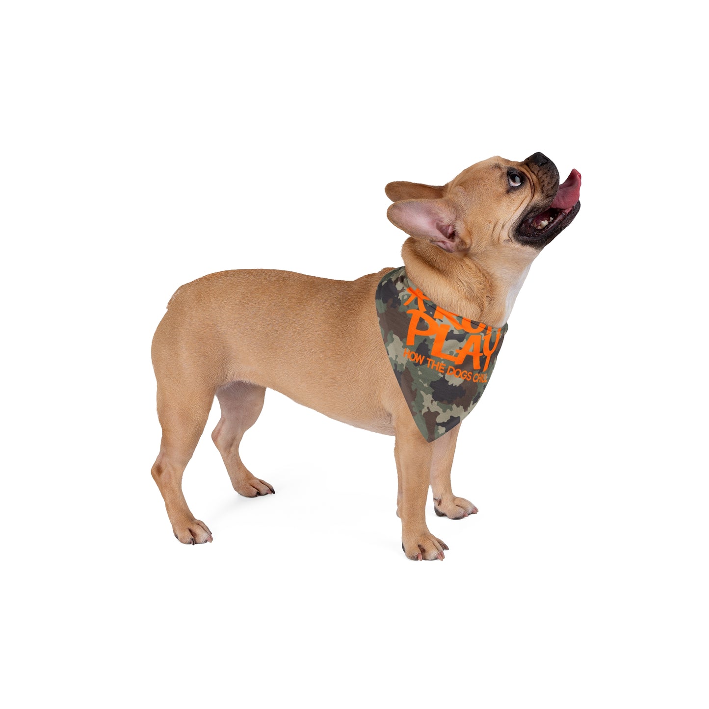Camo "Ruff Play" Pet Bandana — Orange Graphic Dog Scarf for Playtime & Everyday Wear