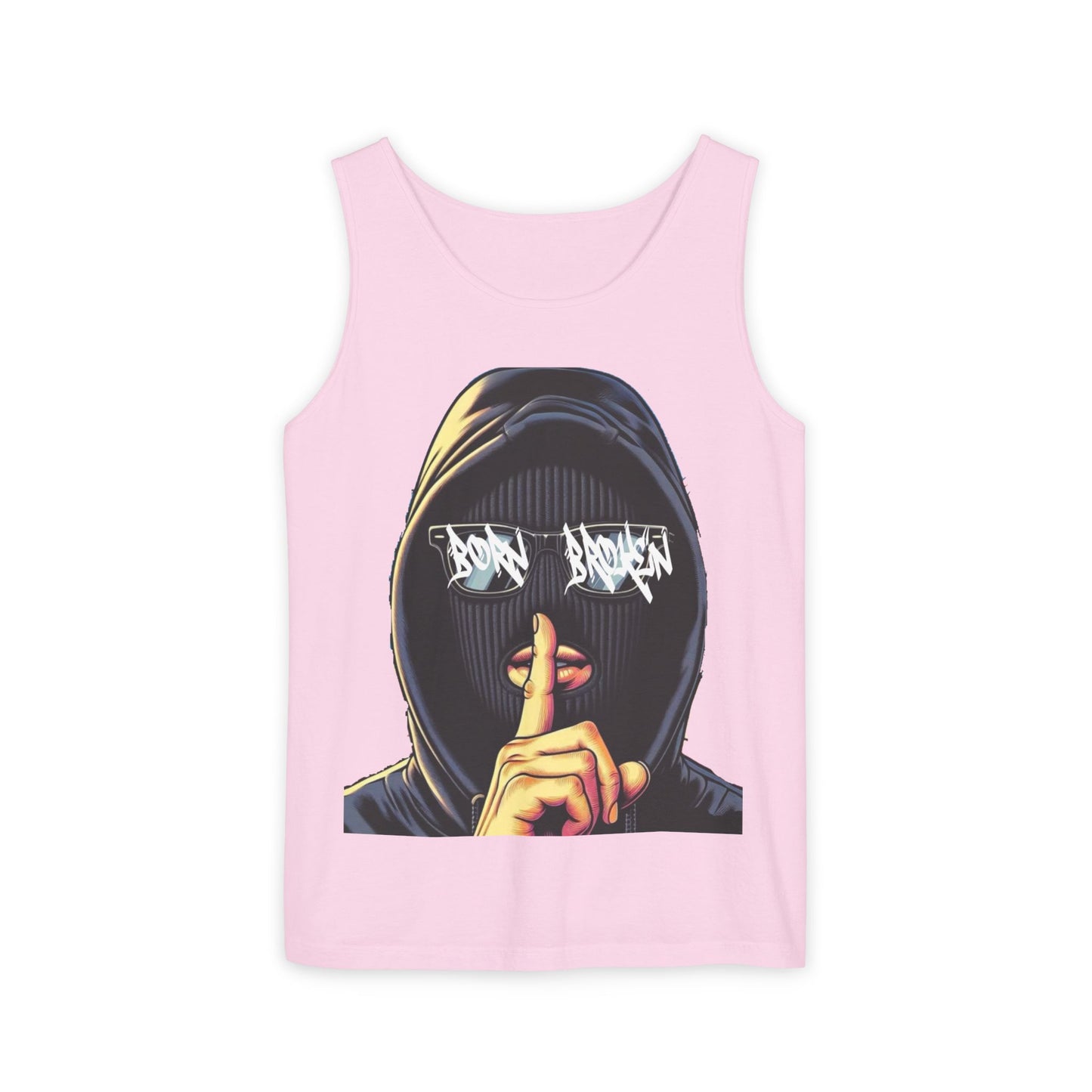 Tank Top — 'Born Broken' Hooded Mask Graphic Sleeveless Tee