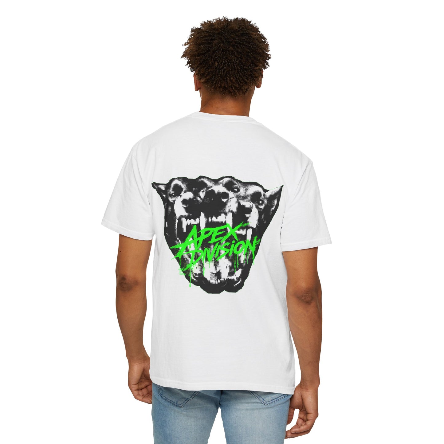 Apex Division Graphic T-Shirt — Neon Green Logo & Three-Headed Dog Back Print