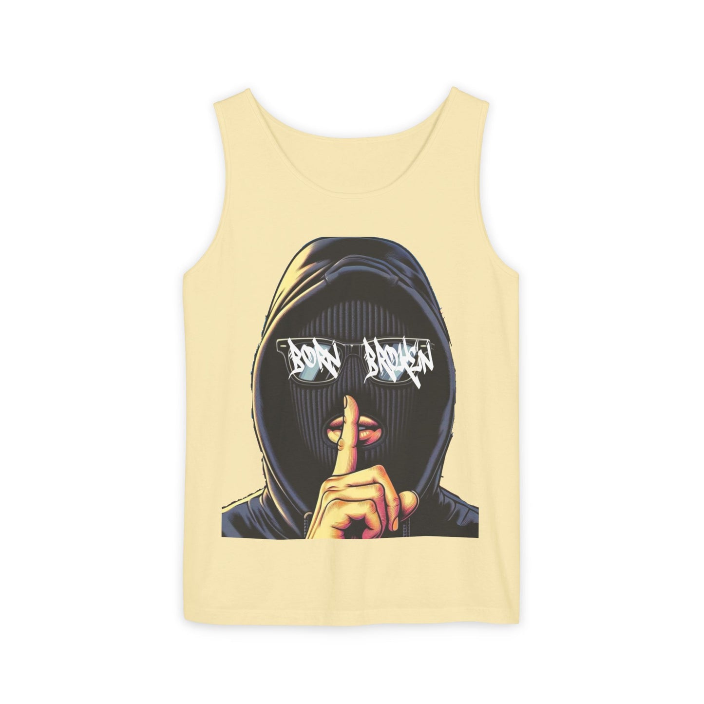 Tank Top — 'Born Broken' Hooded Mask Graphic Sleeveless Tee