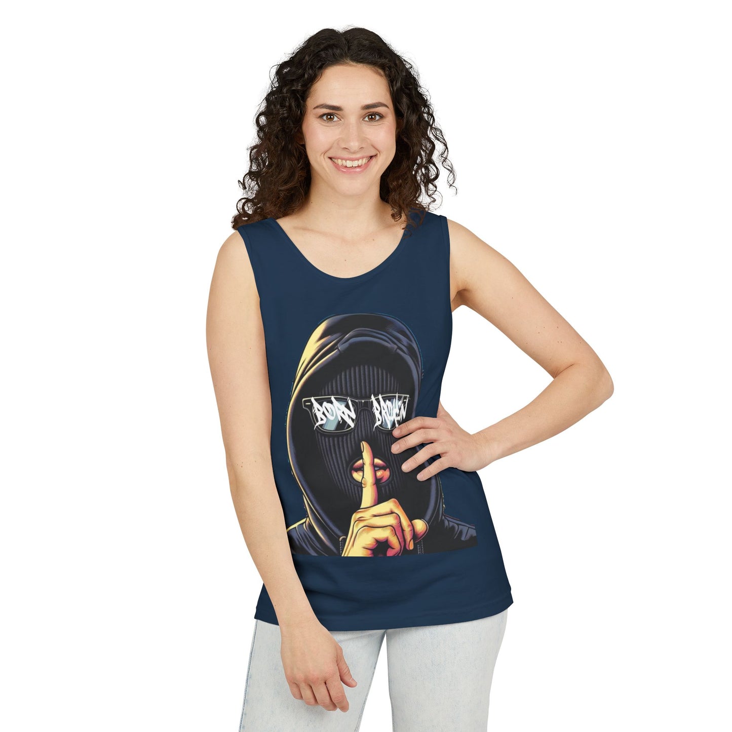 Tank Top — 'Born Broken' Hooded Mask Graphic Sleeveless Tee