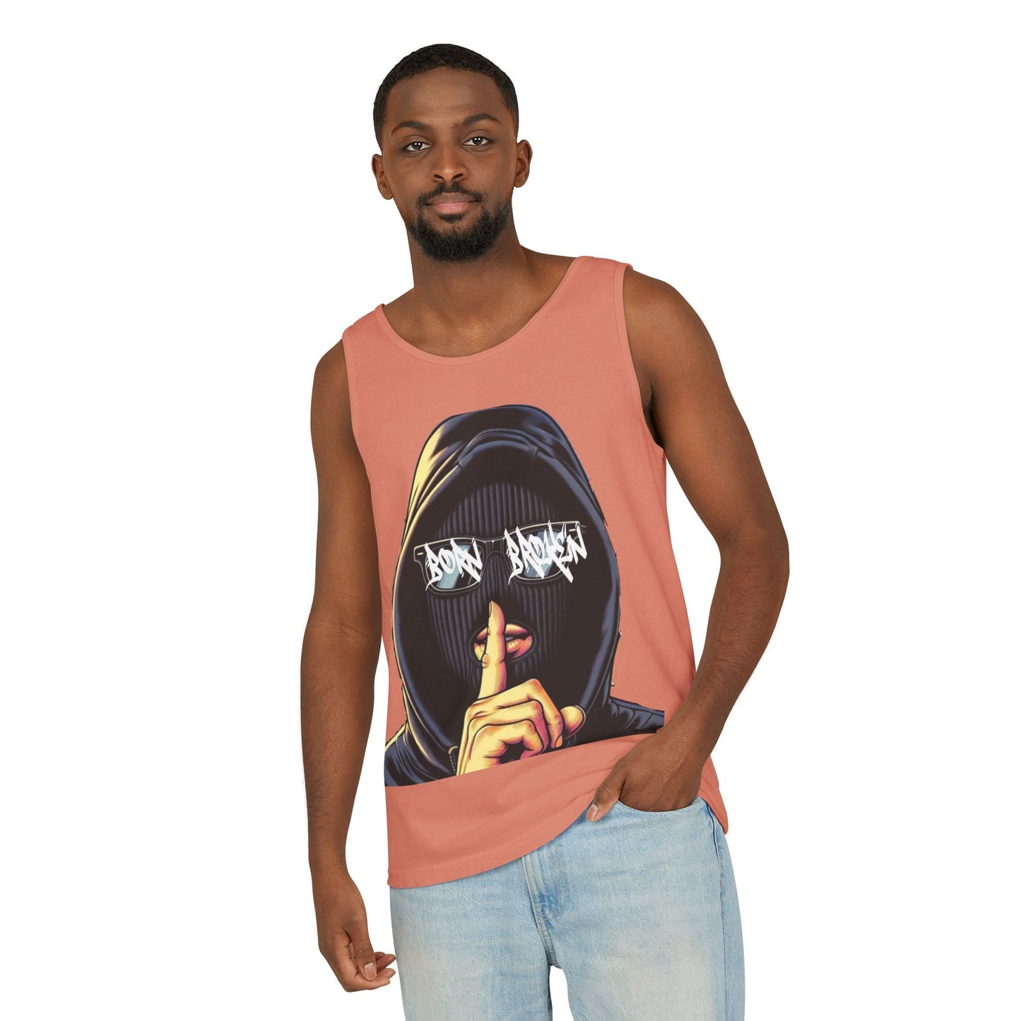 Tank Top — 'Born Broken' Hooded Mask Graphic Sleeveless Tee