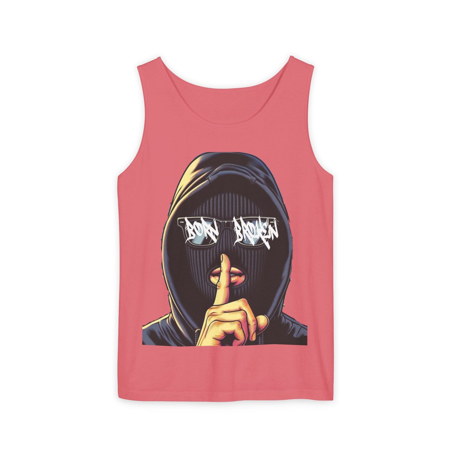 Tank Top — 'Born Broken' Hooded Mask Graphic Sleeveless Tee
