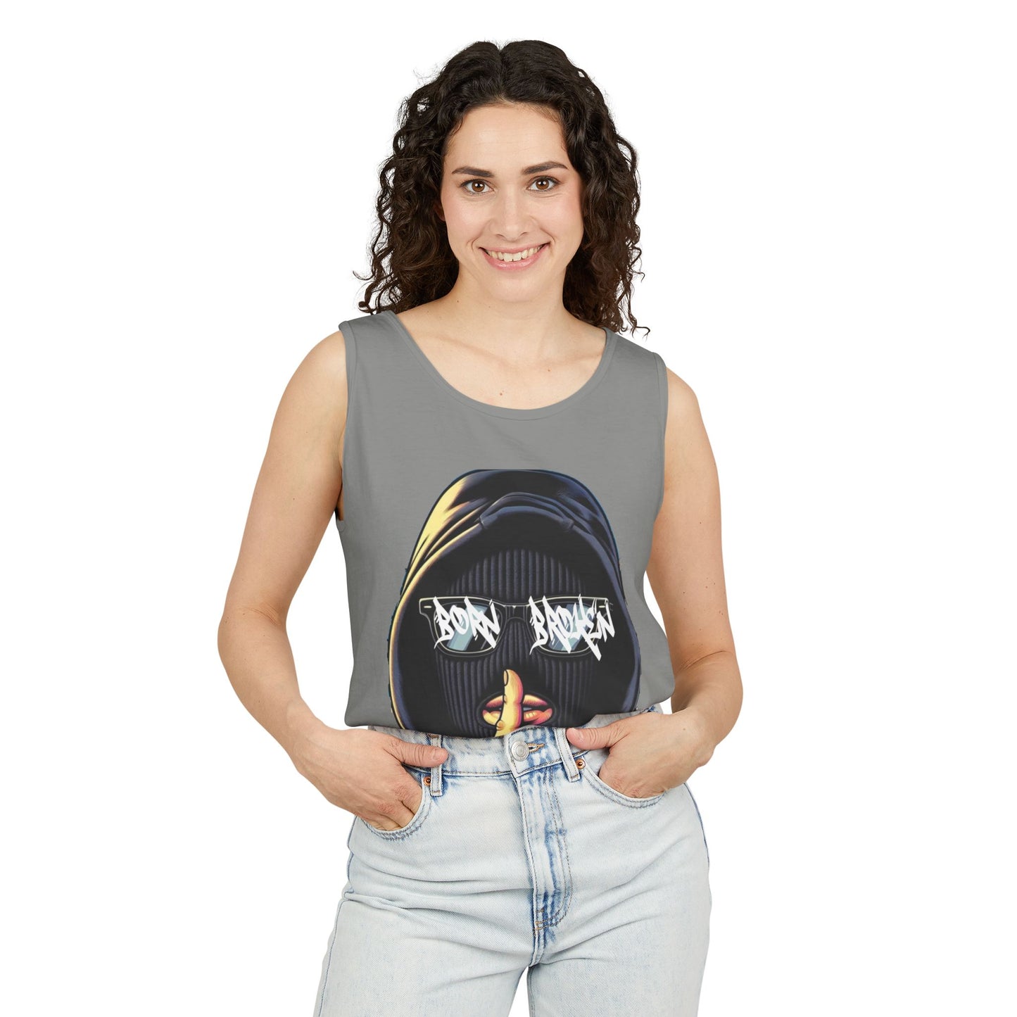 Tank Top — 'Born Broken' Hooded Mask Graphic Sleeveless Tee