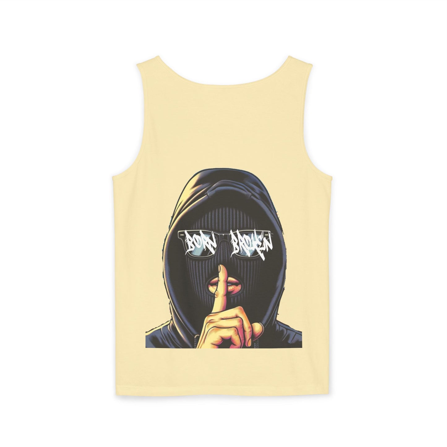 Tank Top — 'Born Broken' Hooded Mask Graphic Sleeveless Tee