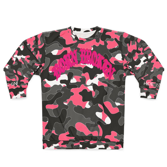 Pink Camo Balaclava Sweatshirt – "Hide Ya Face" Graphic Crewneck