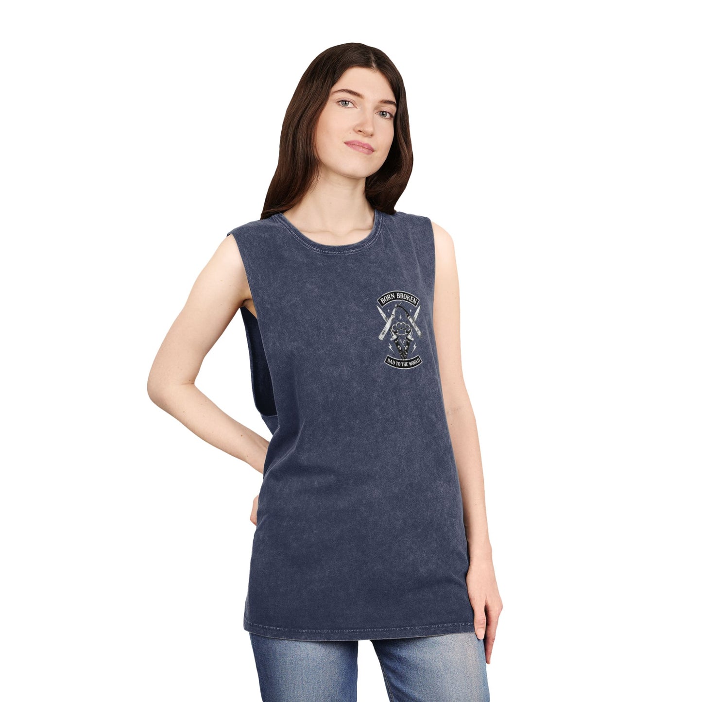 Born Broken Stonewash Tank Top — Bad to the World Graphic Muscle Tee