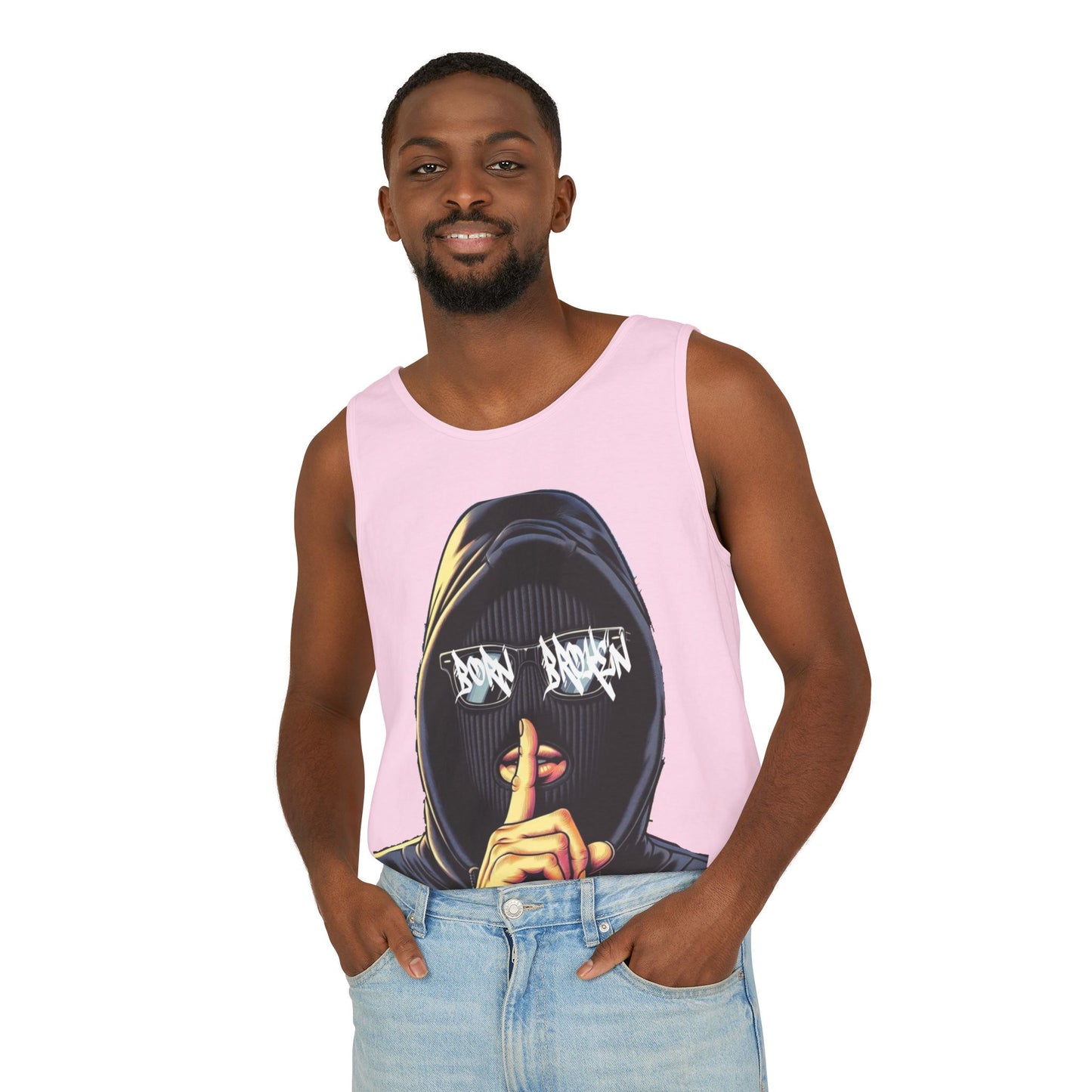 Tank Top — 'Born Broken' Hooded Mask Graphic Sleeveless Tee