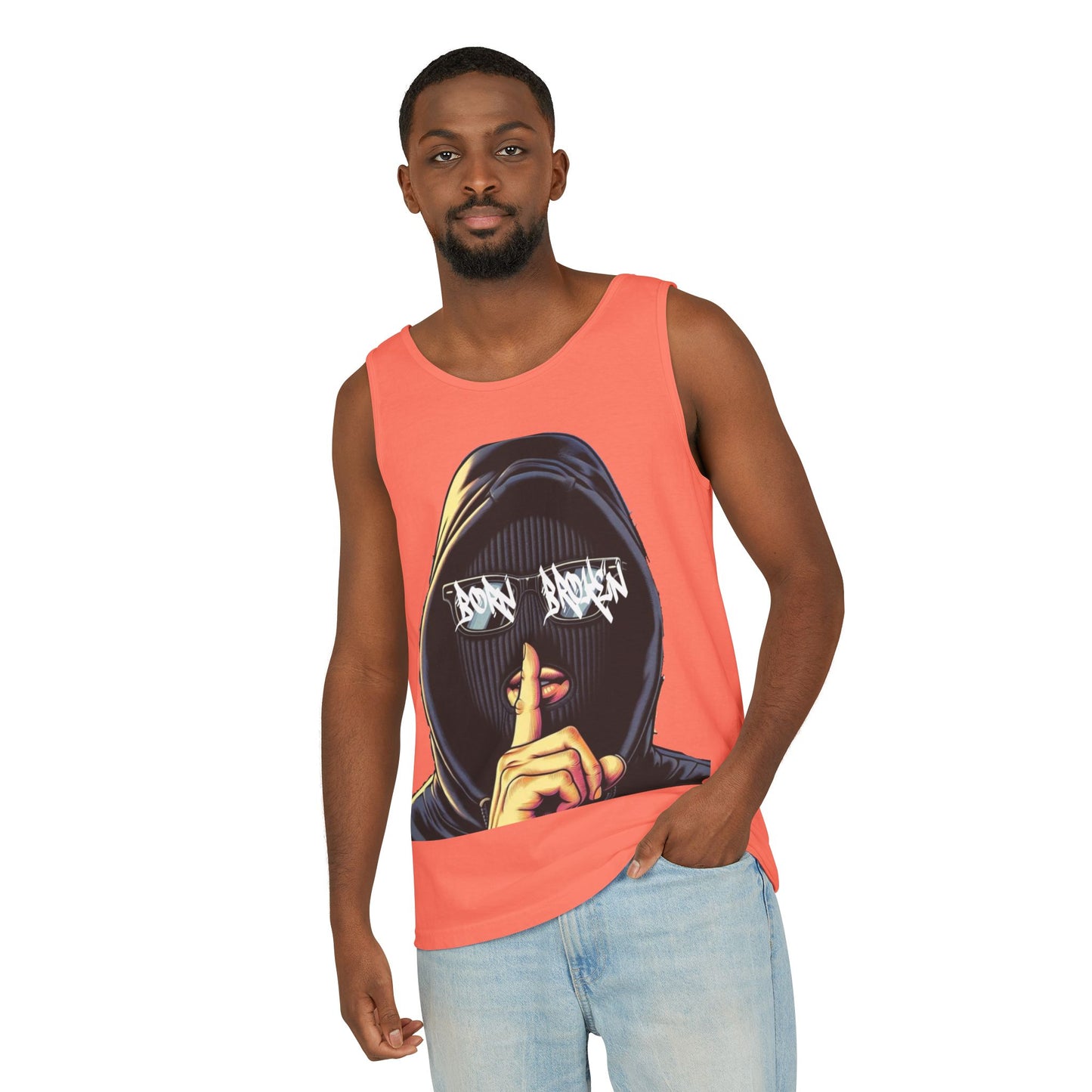 Tank Top — 'Born Broken' Hooded Mask Graphic Sleeveless Tee