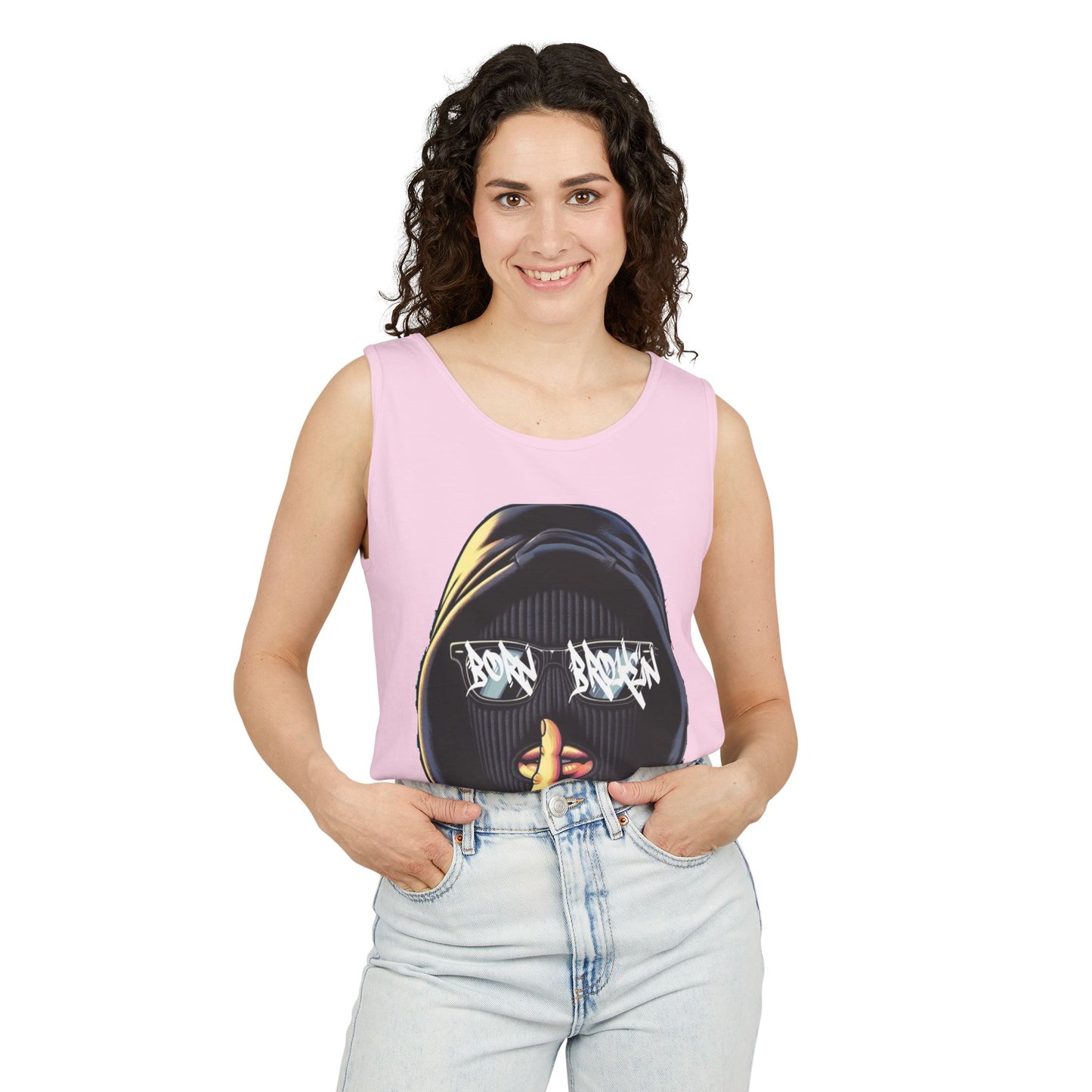 Tank Top — 'Born Broken' Hooded Mask Graphic Sleeveless Tee