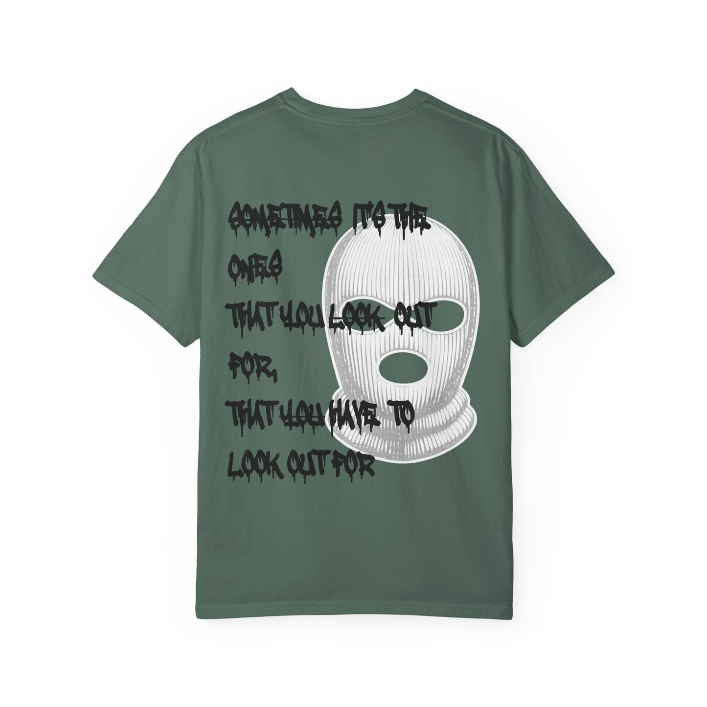 T-Shirt — 'Born Broken' Graphic Tee with Balaclava Back Quote