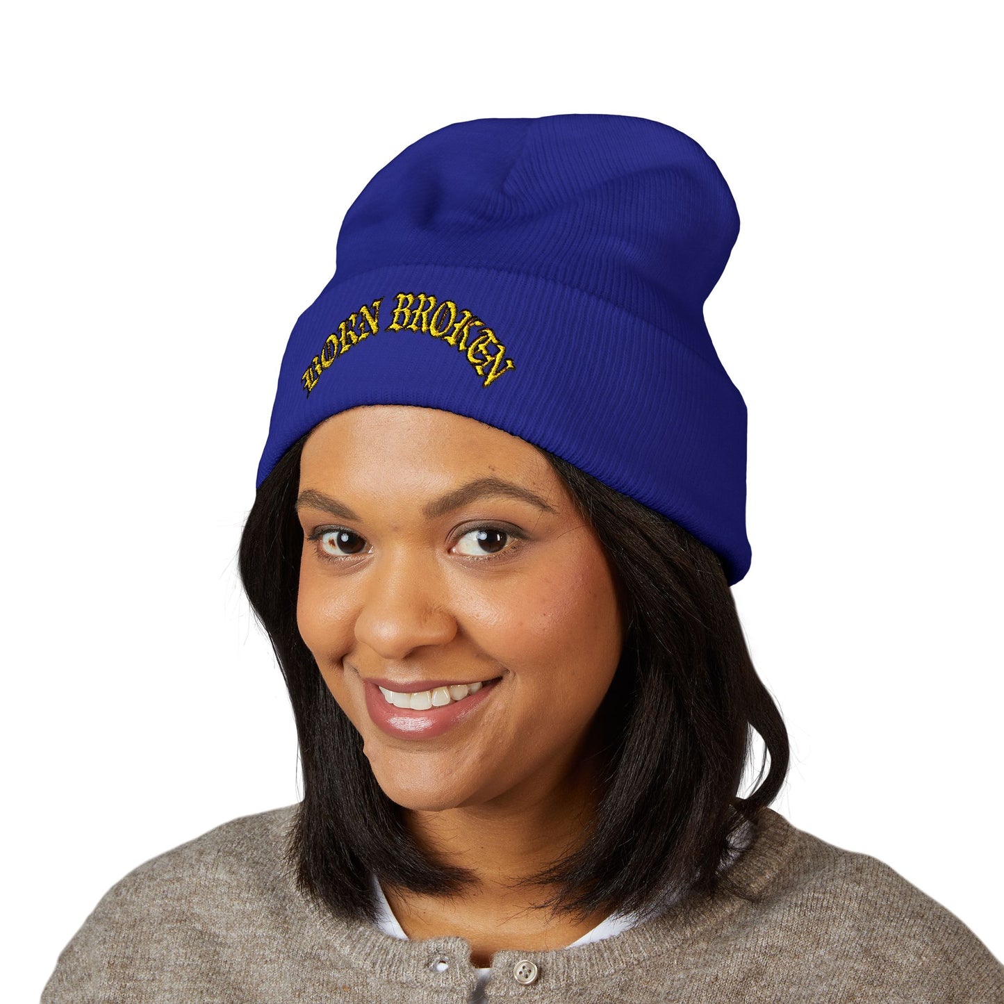 Embroidered "Rocky Biotchy" Classic Cuffed Beanie – Warm Yellow Knit Hat