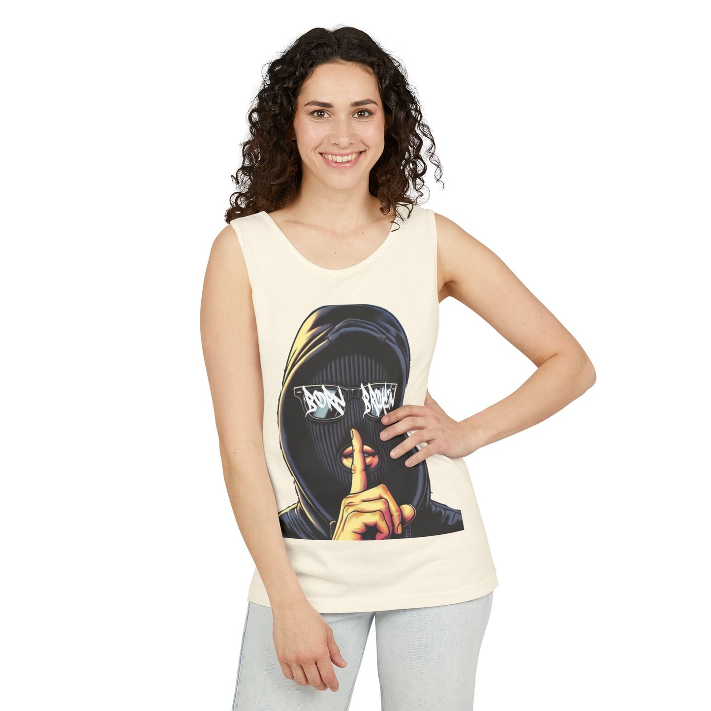 Tank Top — 'Born Broken' Hooded Mask Graphic Sleeveless Tee