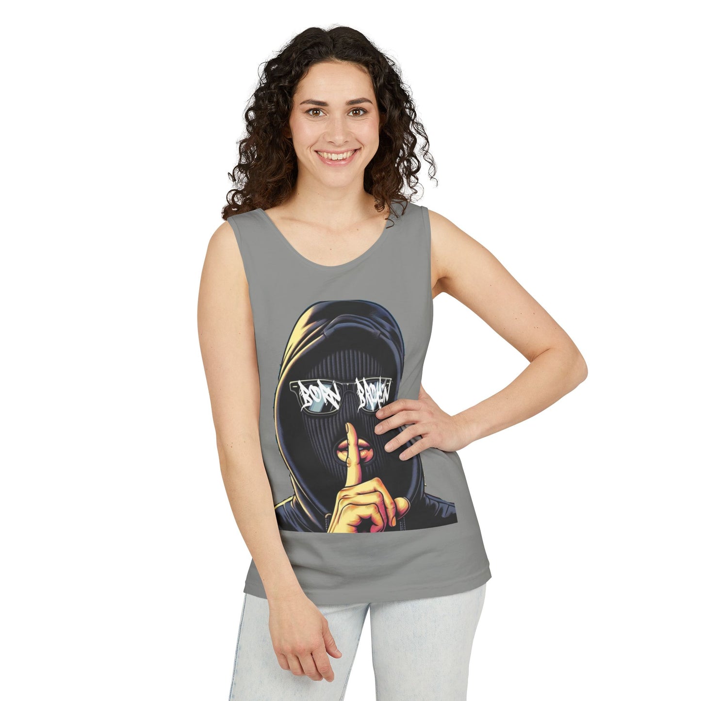 Tank Top — 'Born Broken' Hooded Mask Graphic Sleeveless Tee
