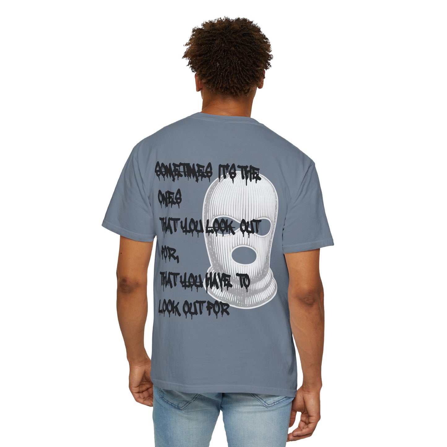 T-Shirt — 'Born Broken' Graphic Tee with Balaclava Back Quote