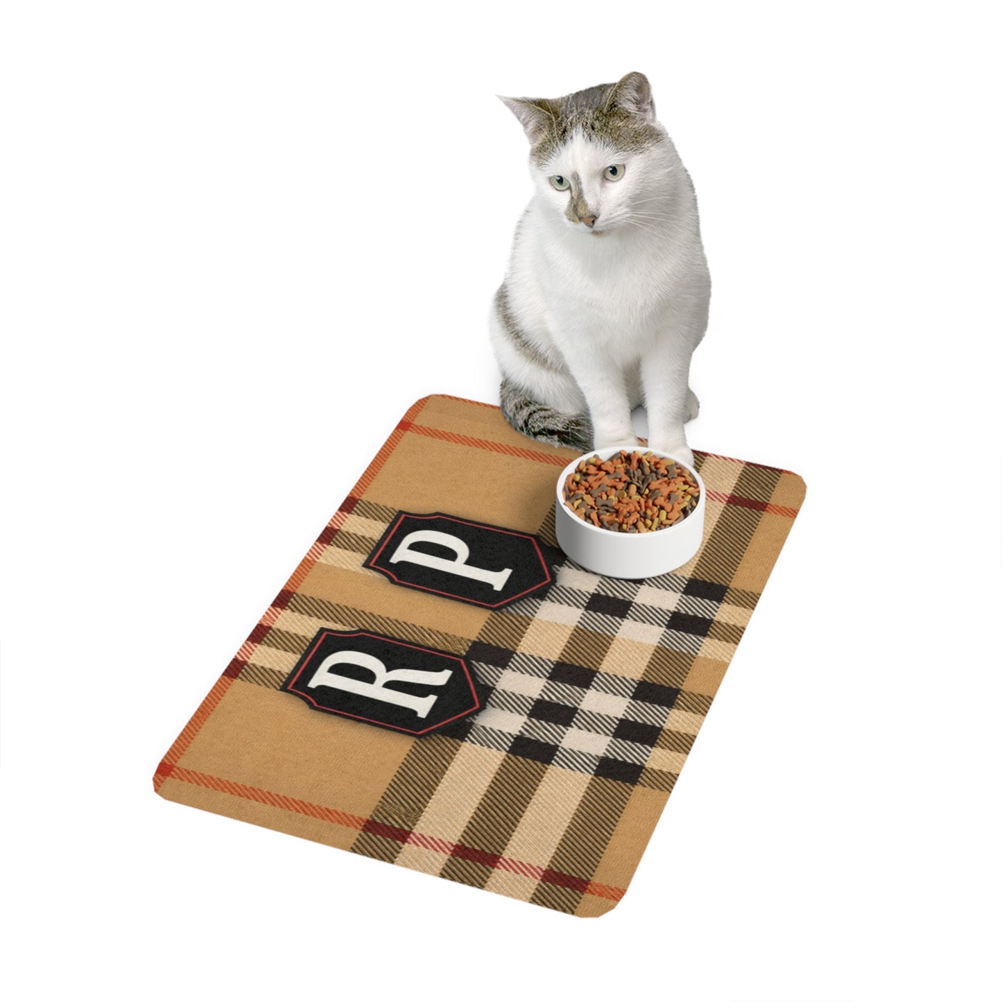 Personalized Plaid Pet Food Mat (12x18) with Initial Patch – Monogram Dog & Cat Feeding Mat