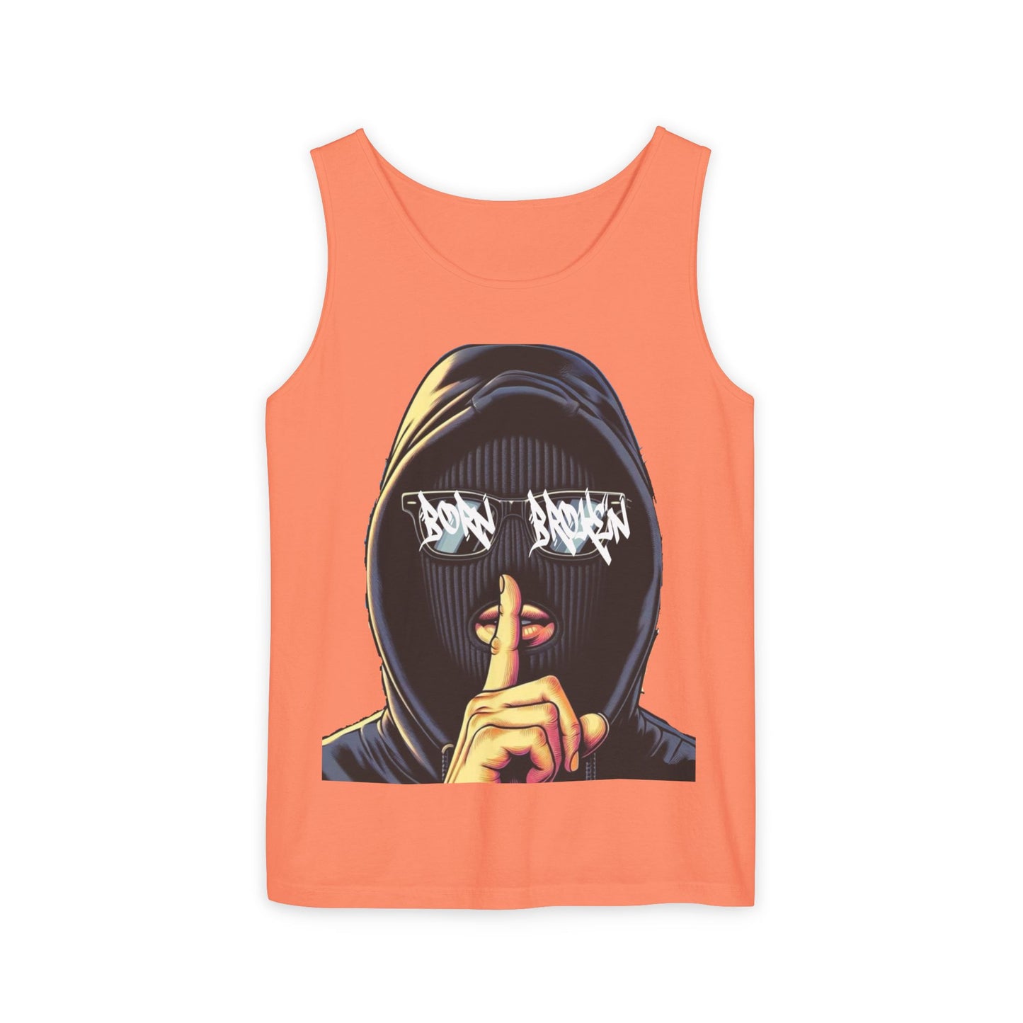 Tank Top — 'Born Broken' Hooded Mask Graphic Sleeveless Tee