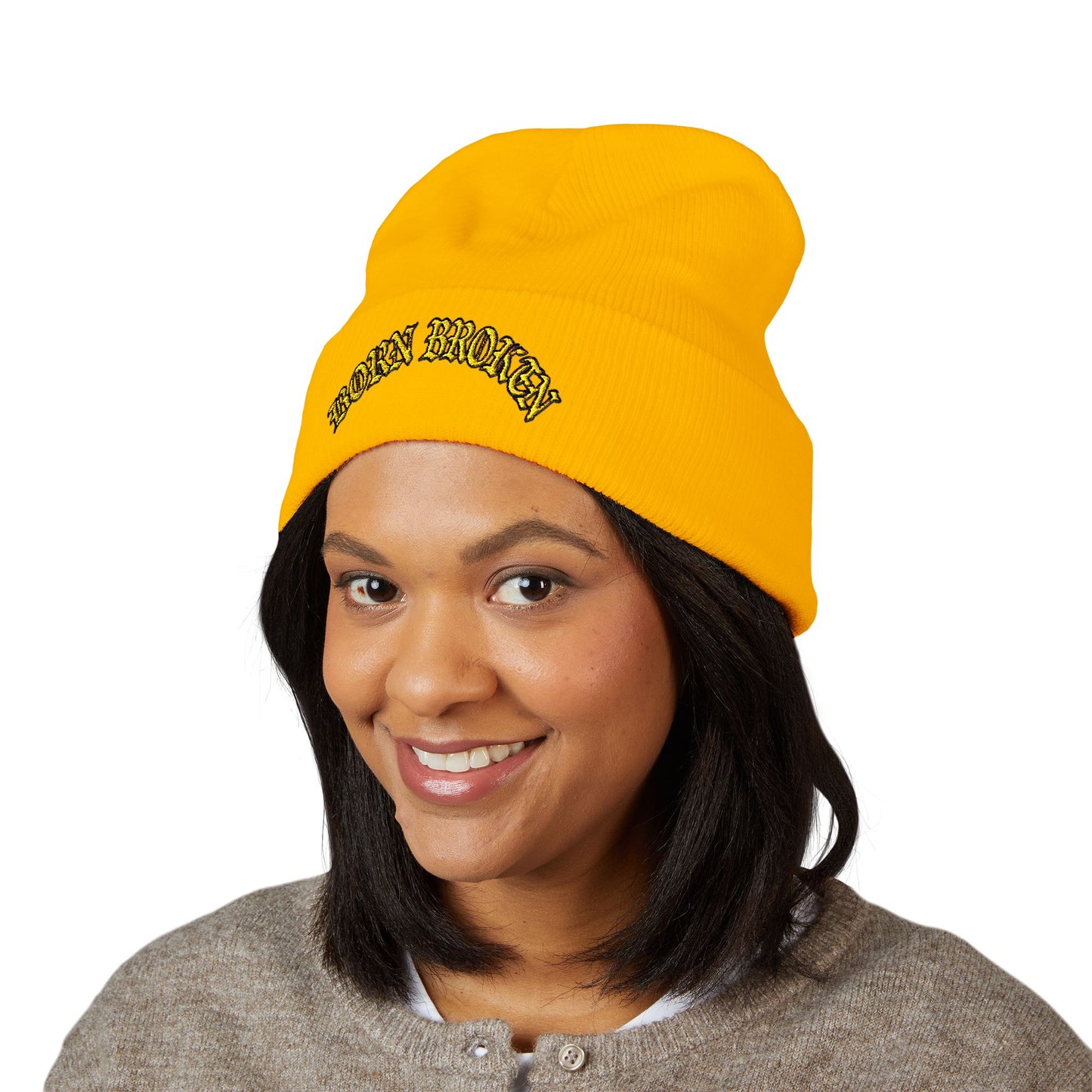 Embroidered "Rocky Biotchy" Classic Cuffed Beanie – Warm Yellow Knit Hat