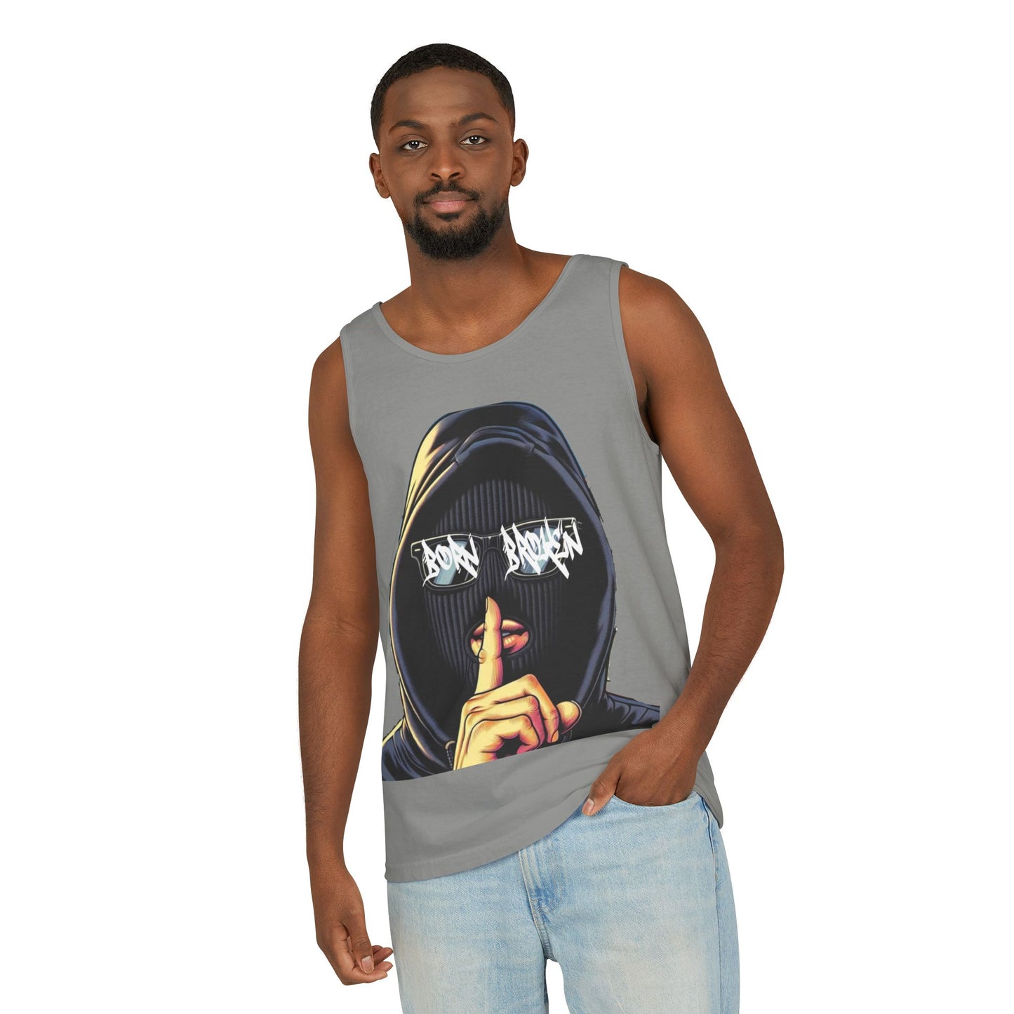 Tank Top — 'Born Broken' Hooded Mask Graphic Sleeveless Tee