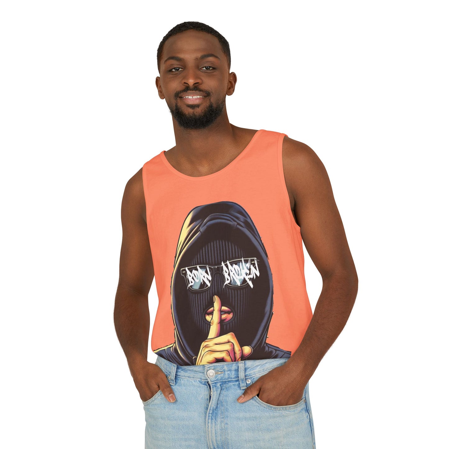 Tank Top — 'Born Broken' Hooded Mask Graphic Sleeveless Tee
