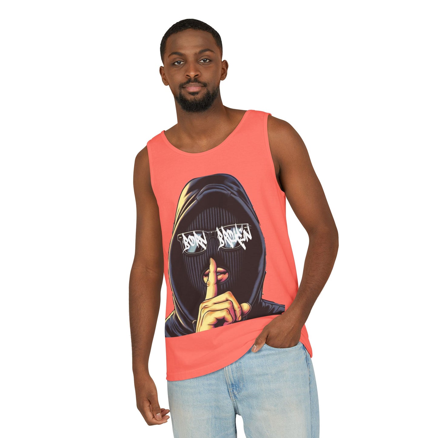 Tank Top — 'Born Broken' Hooded Mask Graphic Sleeveless Tee