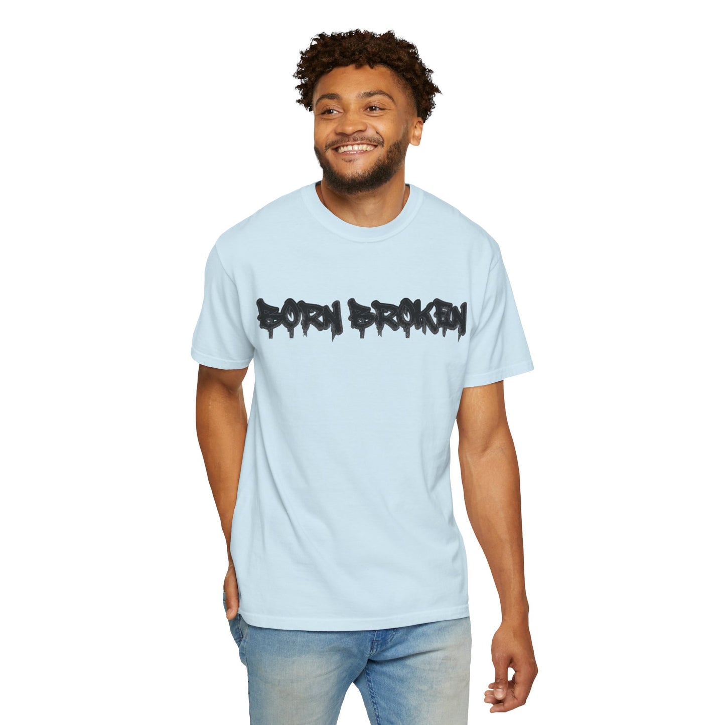 T-Shirt — 'Born Broken' Graphic Tee with Balaclava Back Quote