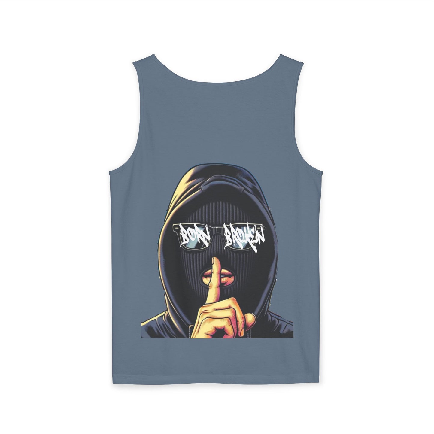 Tank Top — 'Born Broken' Hooded Mask Graphic Sleeveless Tee
