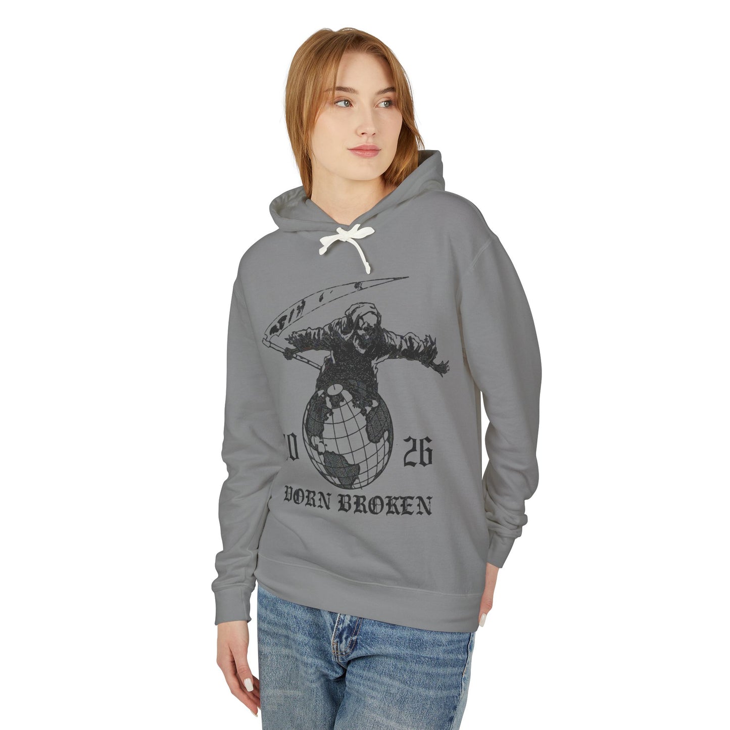 2026 Born Broken Globe Hoodie — Vintage Grim Reaper World Graphic