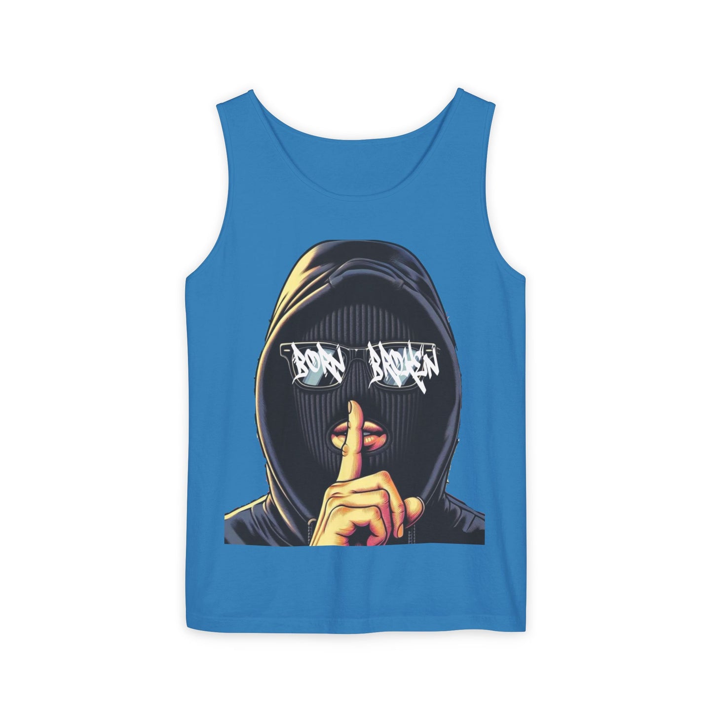 Tank Top — 'Born Broken' Hooded Mask Graphic Sleeveless Tee