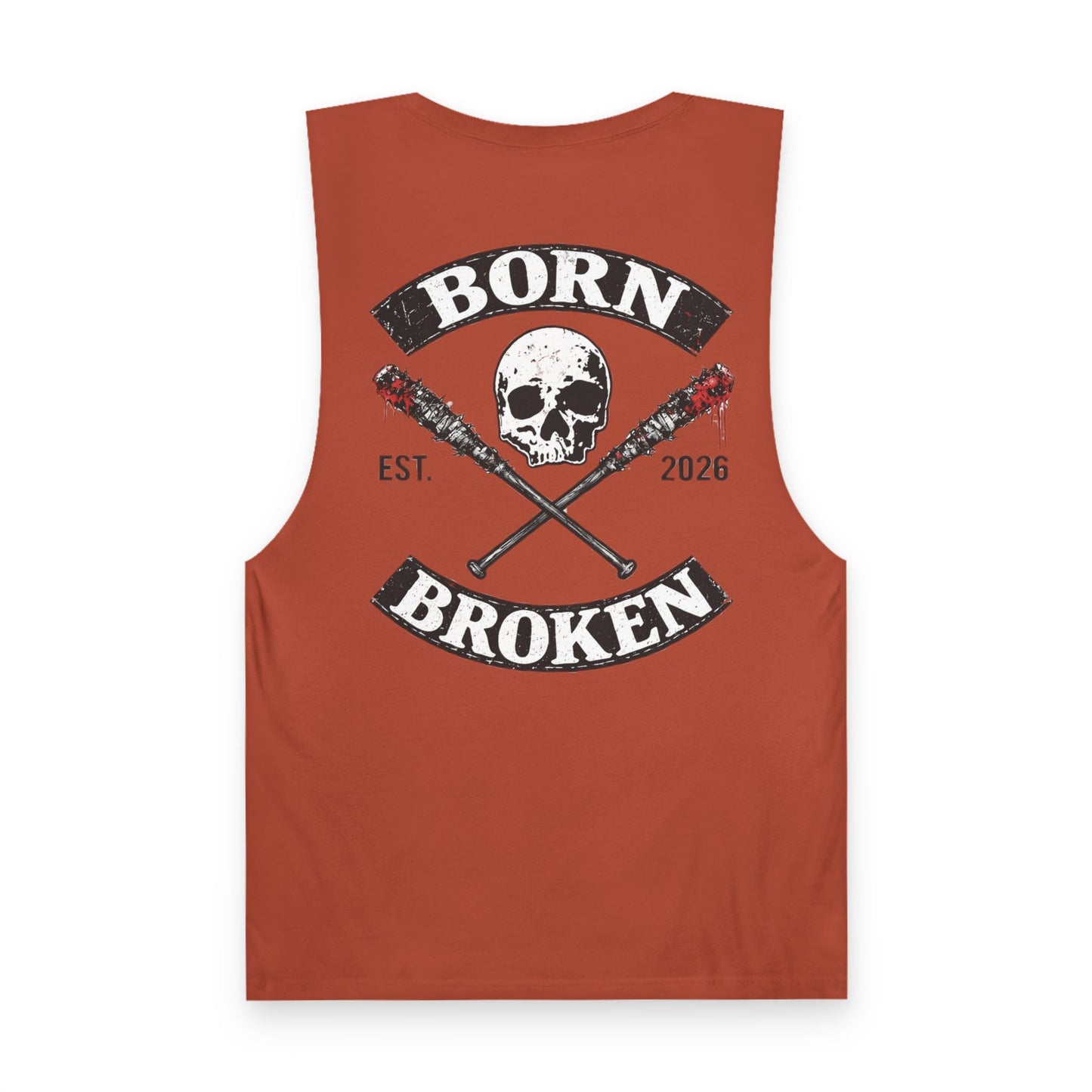 Born Broken Skull Tank Top — Edgy Skull & Crossed Bats Graphic Muscle Tank