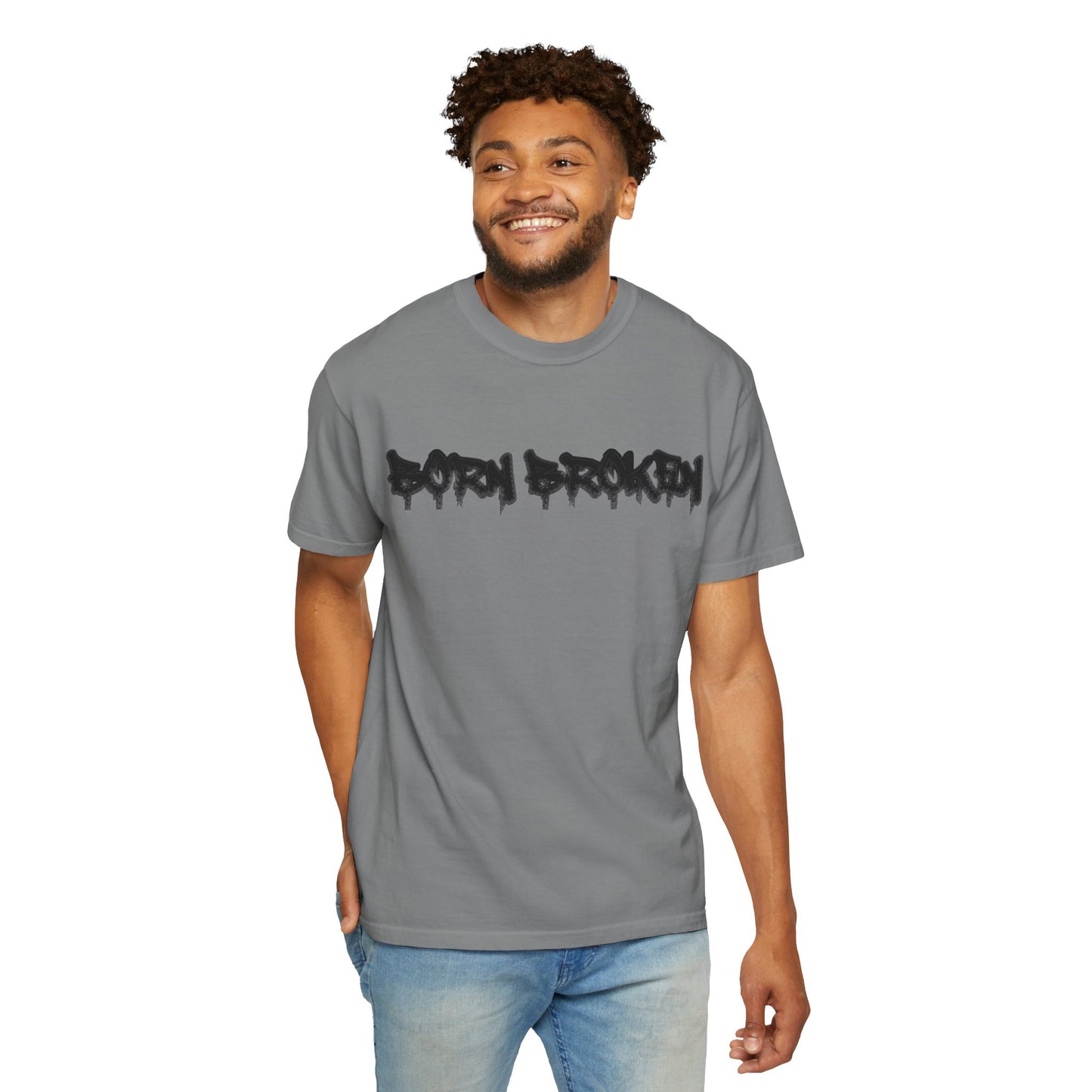 T-Shirt — 'Born Broken' Graphic Tee with Balaclava Back Quote