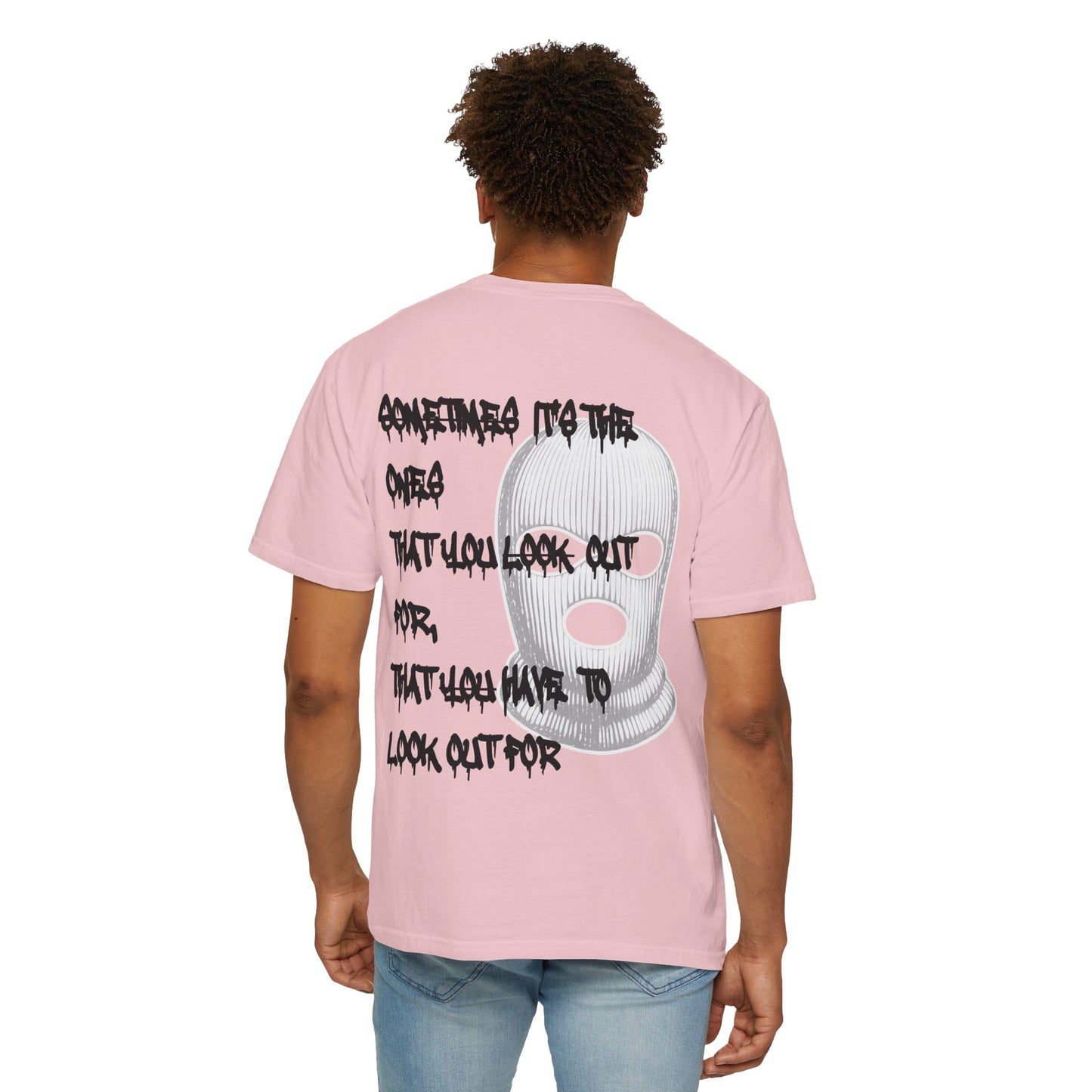 T-Shirt — 'Born Broken' Graphic Tee with Balaclava Back Quote