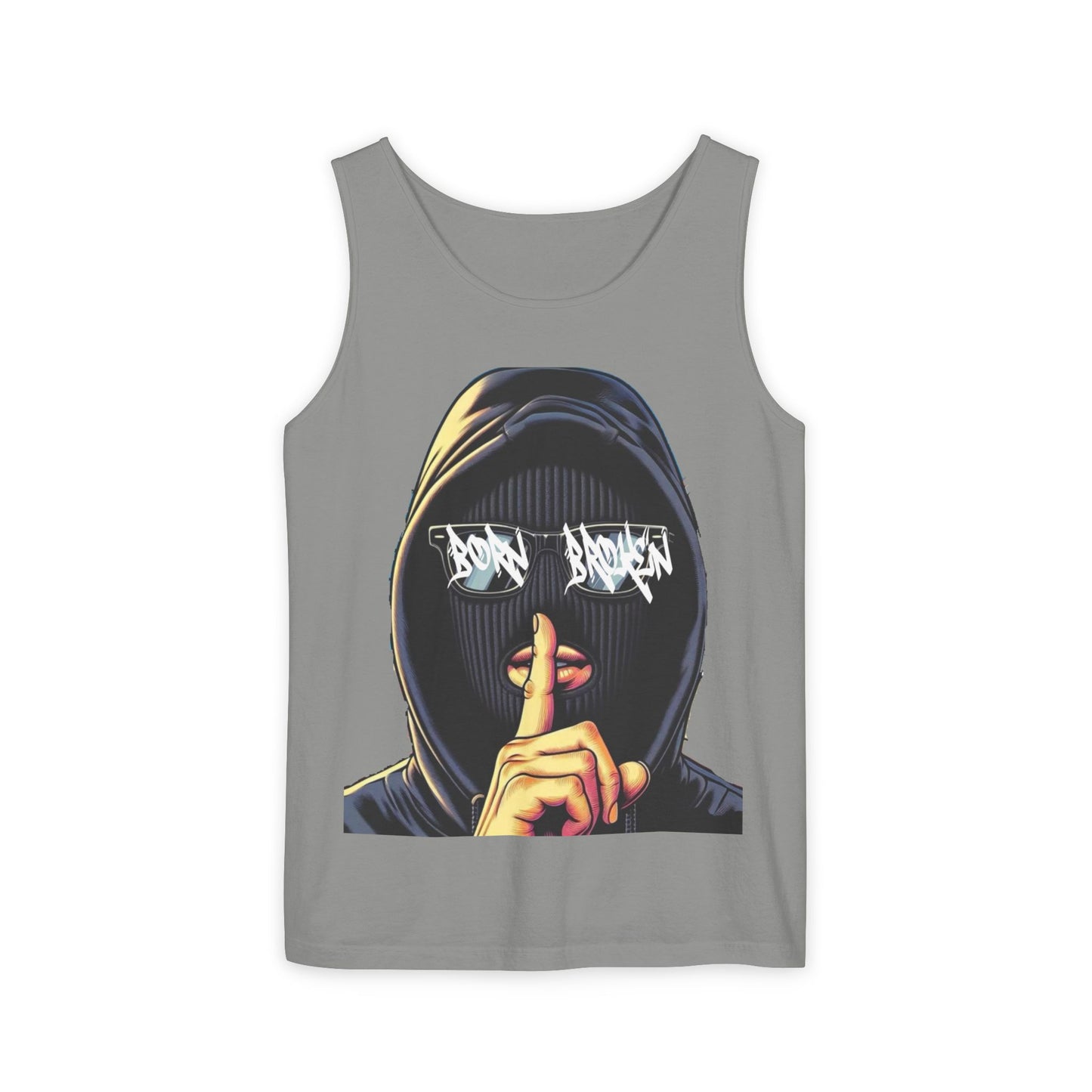 Tank Top — 'Born Broken' Hooded Mask Graphic Sleeveless Tee