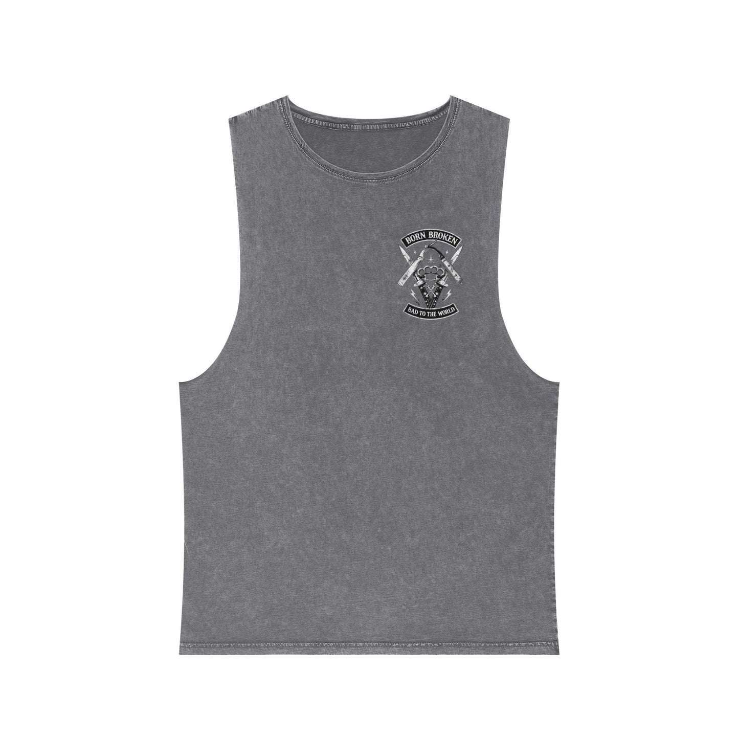 Born Broken Stonewash Tank Top — Bad to the World Graphic Muscle Tee
