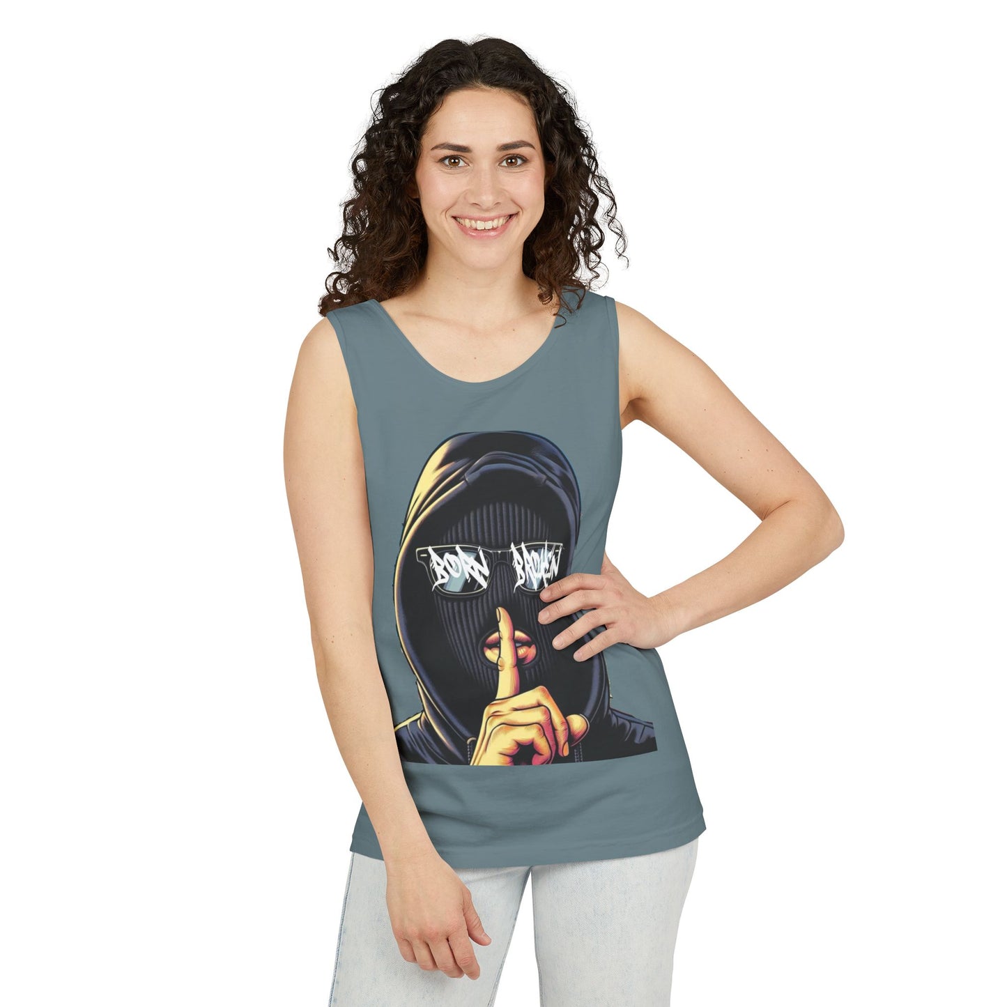 Tank Top — 'Born Broken' Hooded Mask Graphic Sleeveless Tee