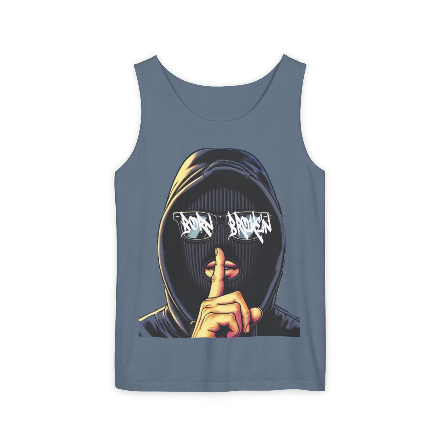 Tank Top — 'Born Broken' Hooded Mask Graphic Sleeveless Tee