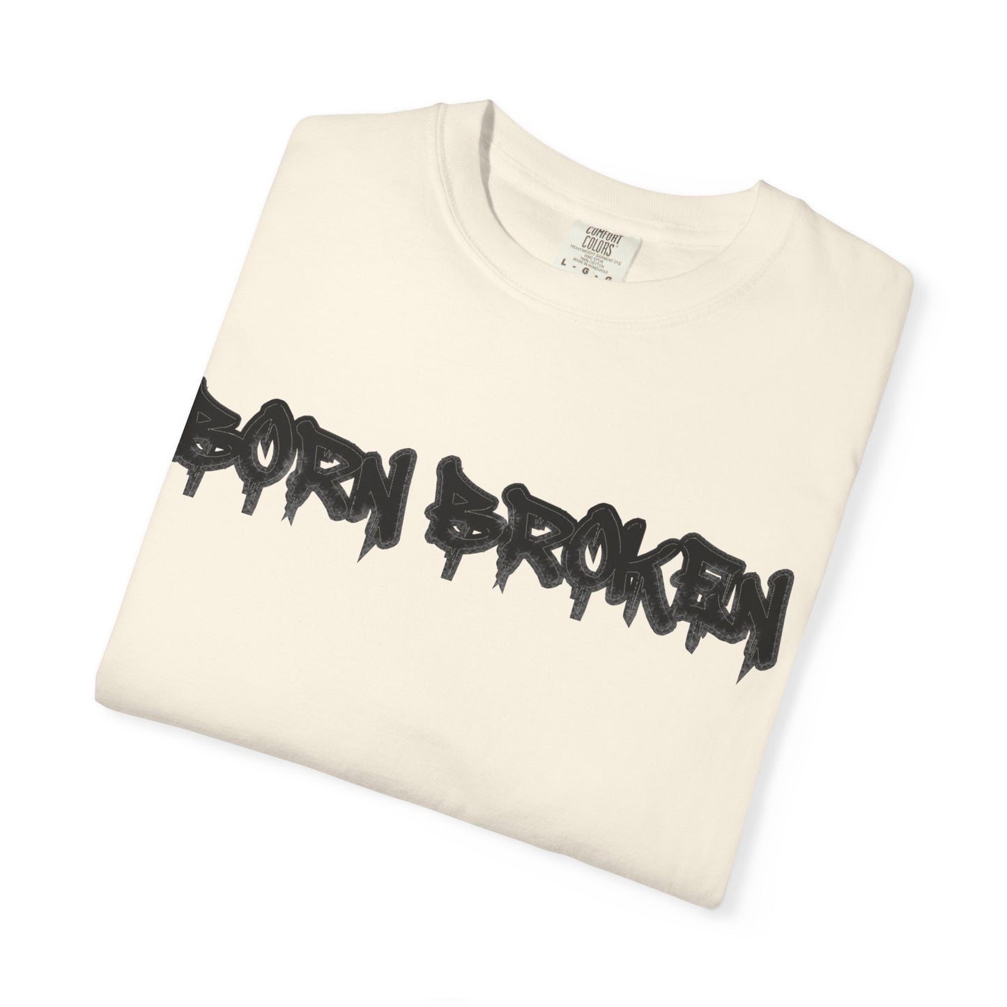 T-Shirt — 'Born Broken' Graphic Tee with Balaclava Back Quote