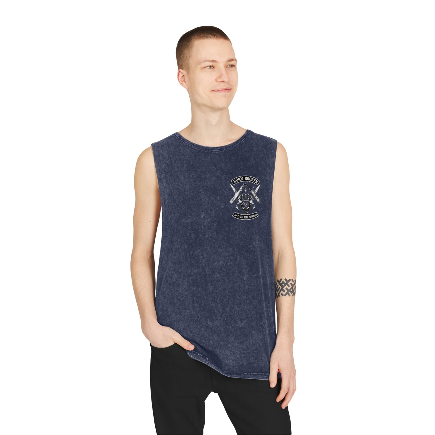 Born Broken Stonewash Tank Top — Bad to the World Graphic Muscle Tee