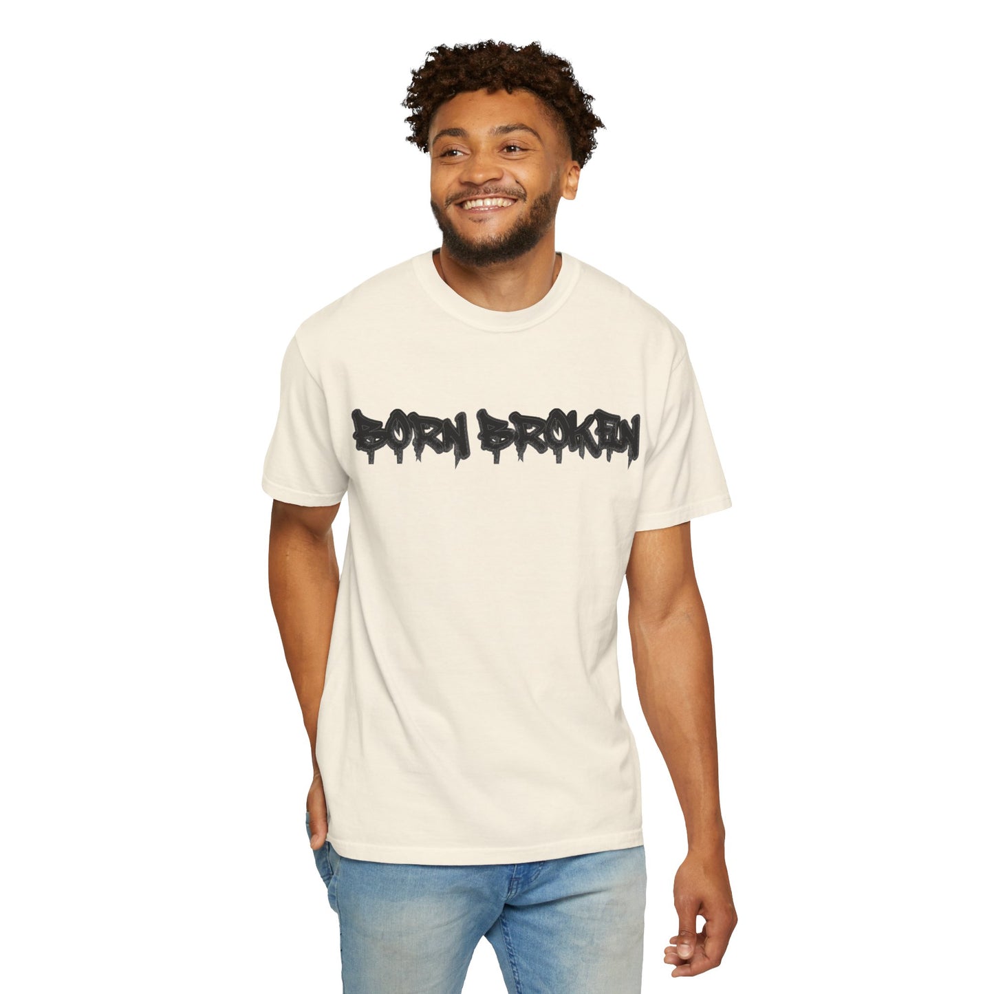 T-Shirt — 'Born Broken' Graphic Tee with Balaclava Back Quote