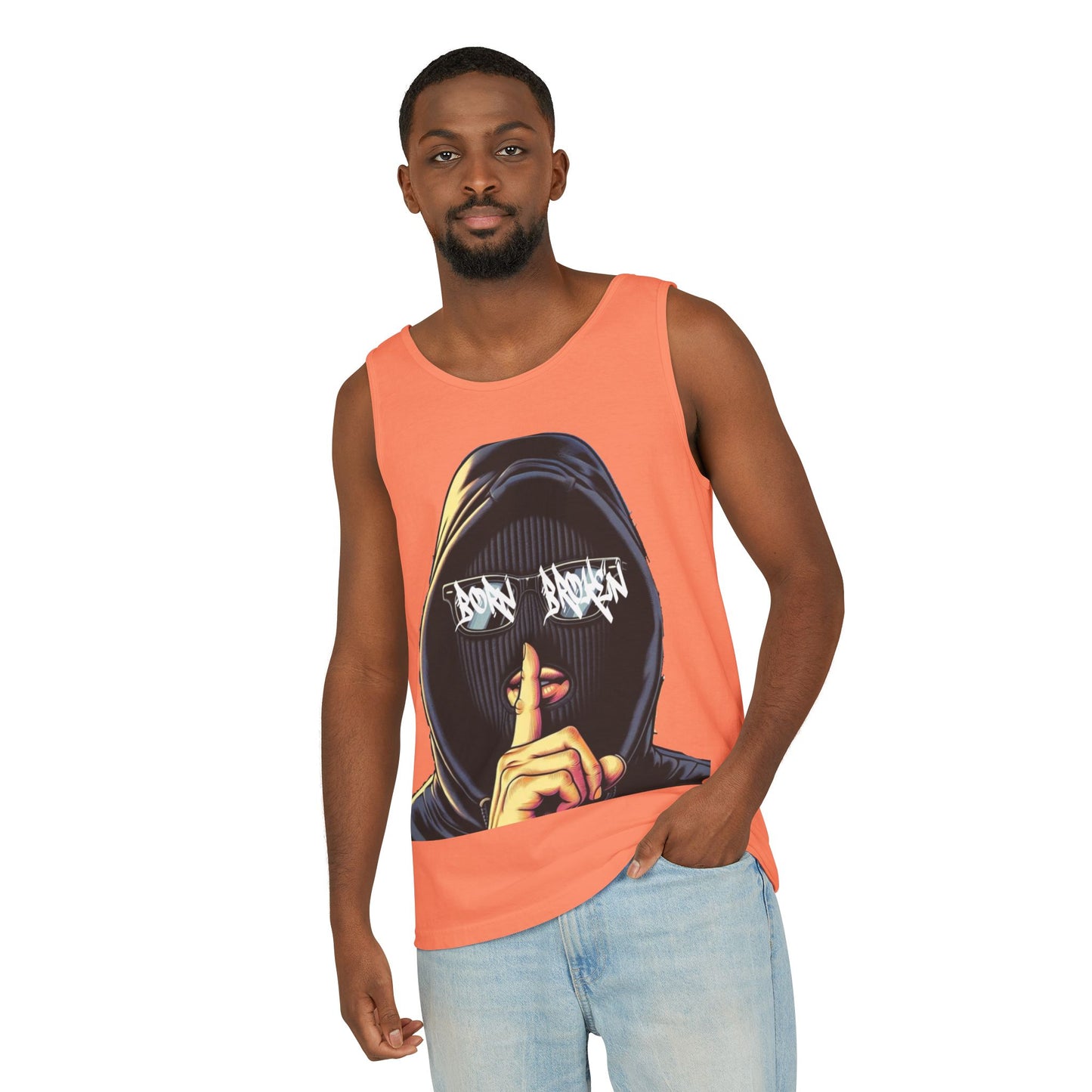 Tank Top — 'Born Broken' Hooded Mask Graphic Sleeveless Tee
