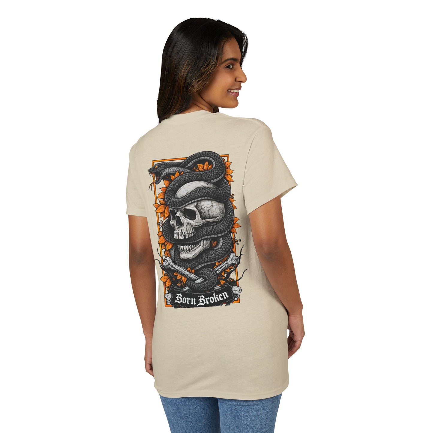 Skull & Serpent T‑Shirt — 'Born Broken' Gothic Graphic Tee