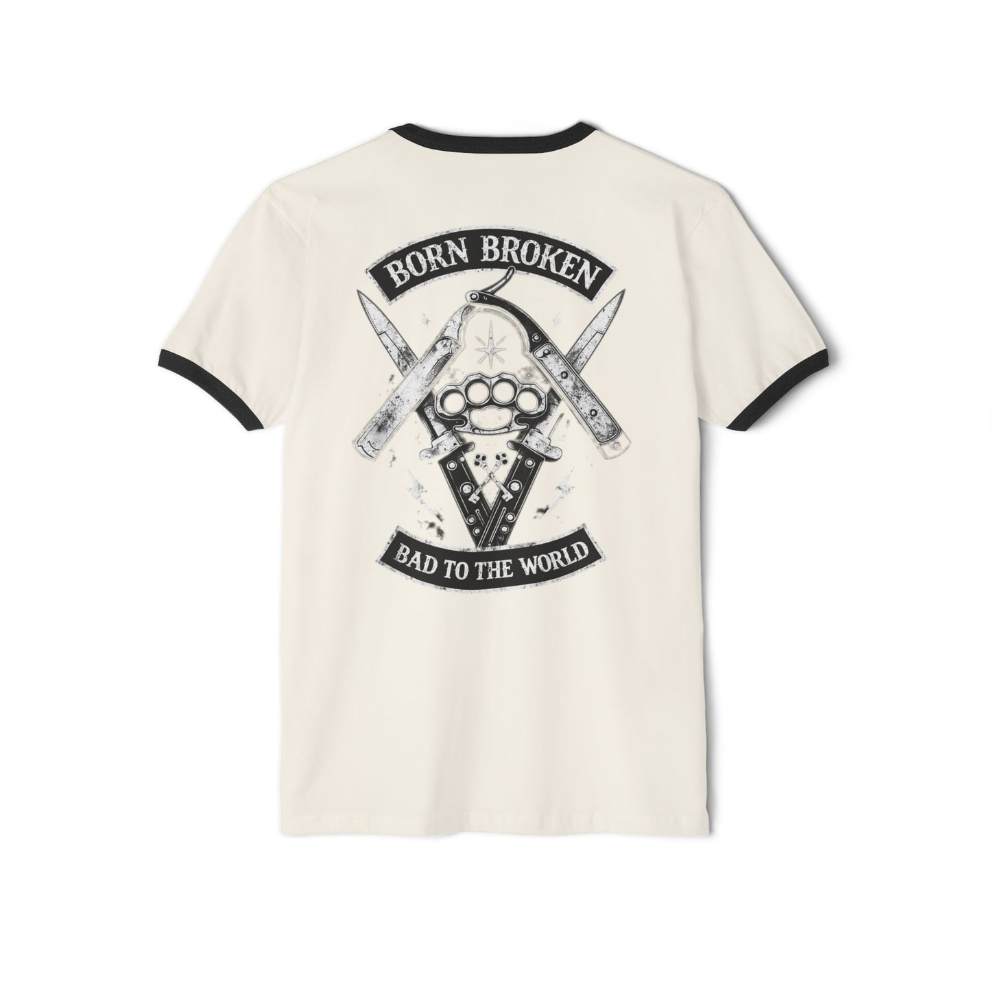 Ringer T-Shirt — "Born Broken, Bad to the World" Skull & Knuckle Knife Graphic