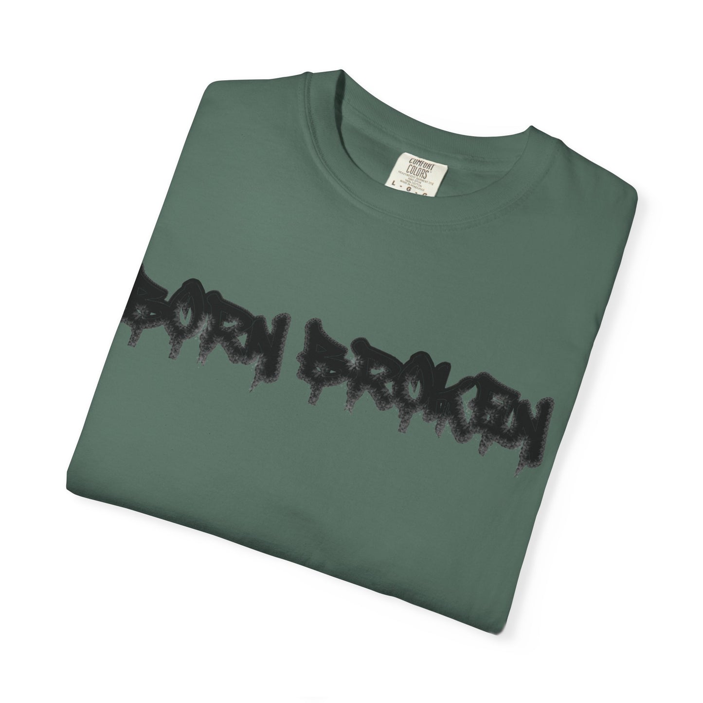 T-Shirt — 'Born Broken' Graphic Tee with Balaclava Back Quote